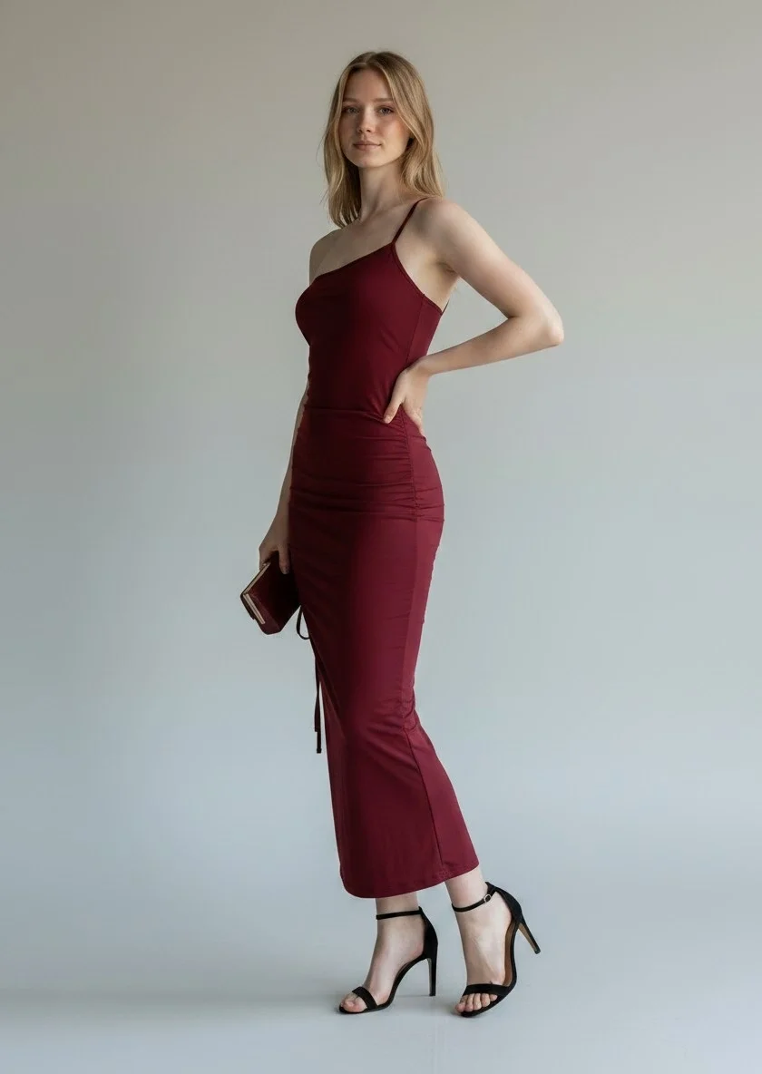 Derin Yırtmaç Omuz Askılı Elbise - BORDO