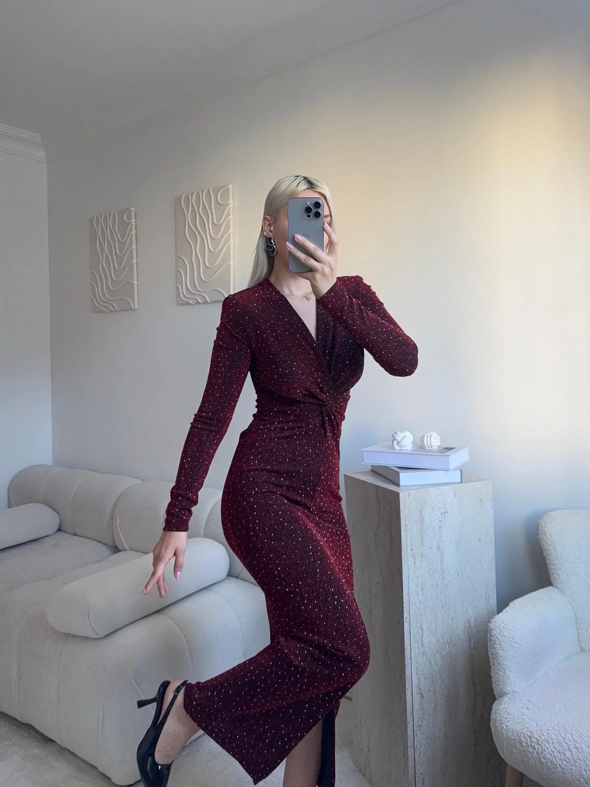 Derin Yırtmaçlı Taşlı Kruvaze Elbise - BORDO