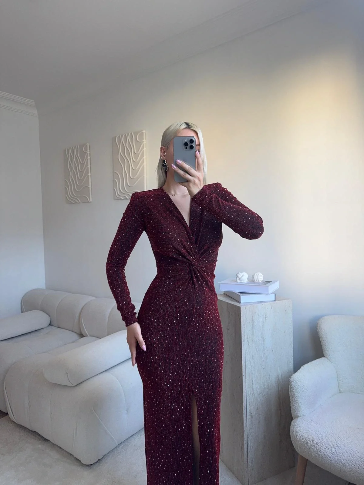 Derin Yırtmaçlı Taşlı Kruvaze Elbise - BORDO