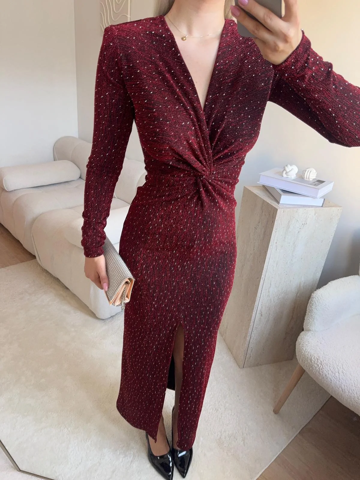 Derin Yırtmaçlı Taşlı Kruvaze Elbise - BORDO