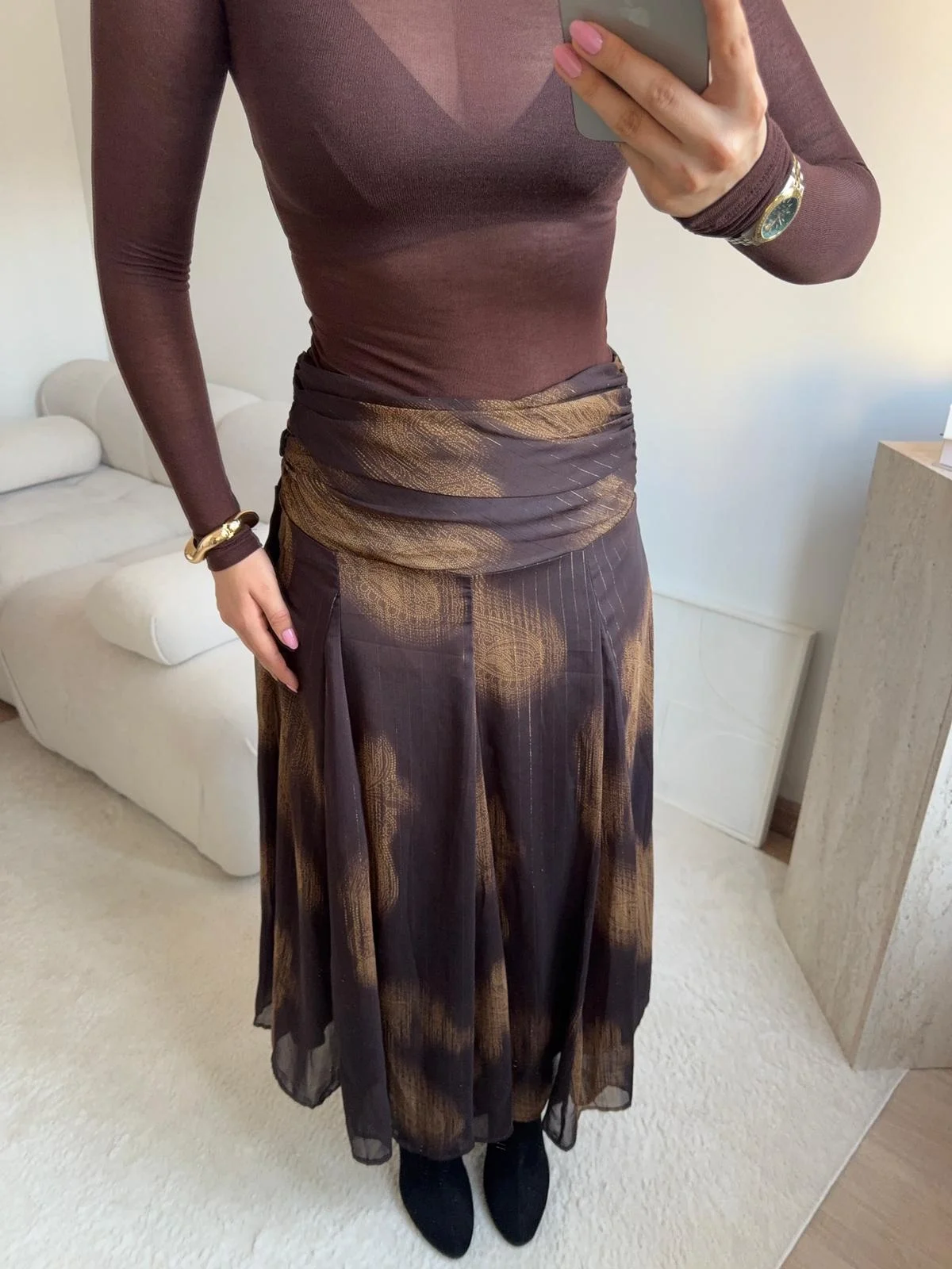 Desenli Şifon Midi Etek- KAHVE