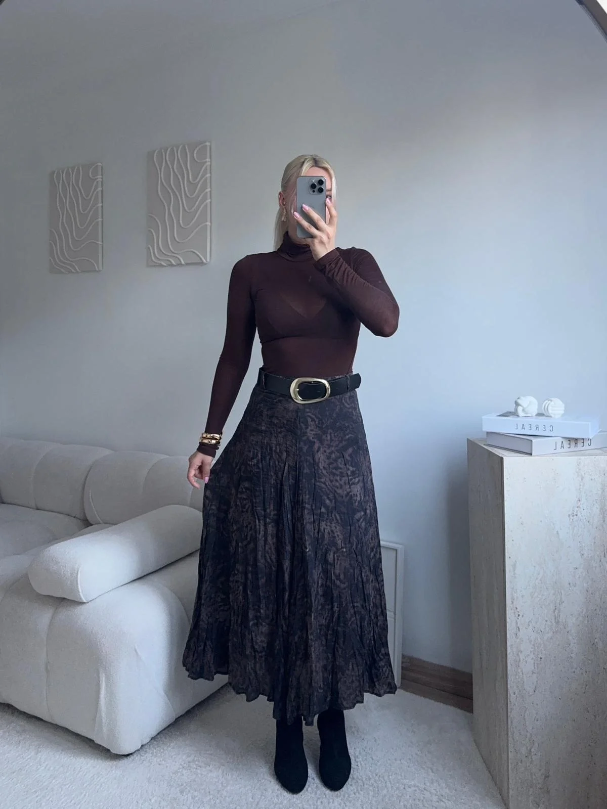 Desenli Şifon Midi Etek - SİYAH