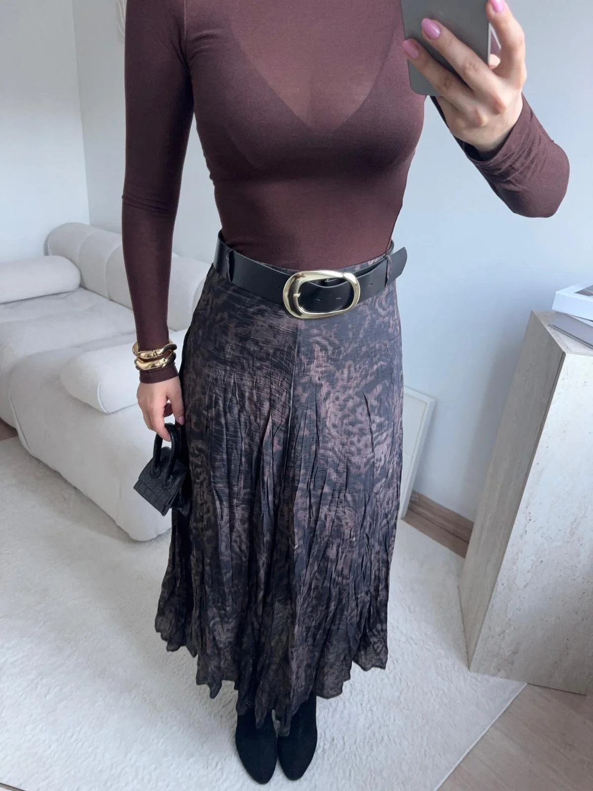 Desenli Şifon Midi Etek - SİYAH