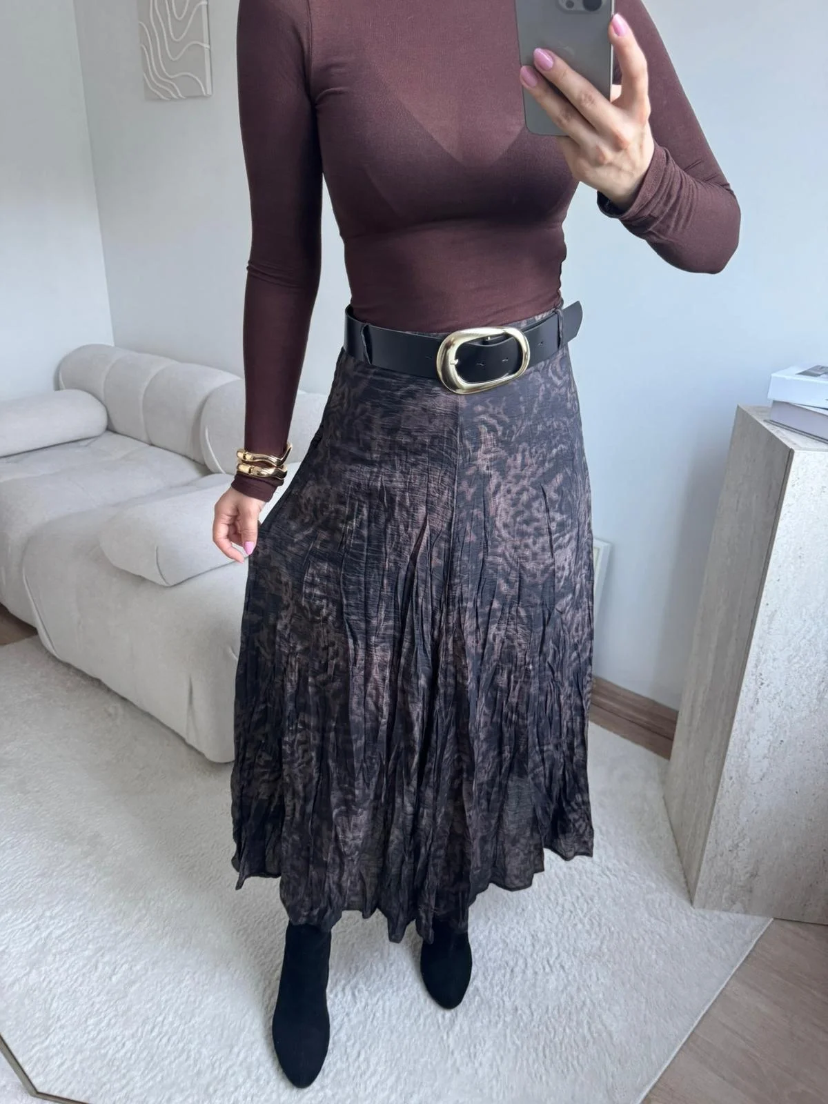 Desenli Şifon Midi Etek - SİYAH