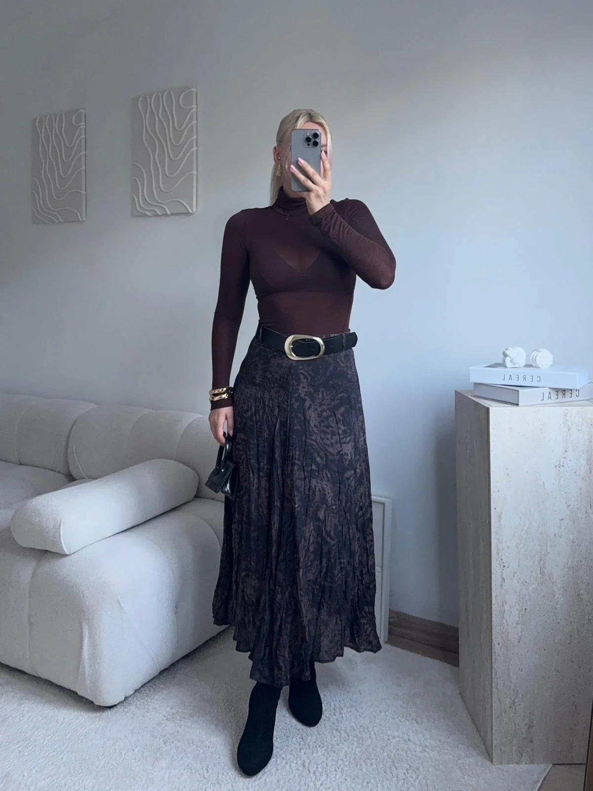 Desenli Şifon Midi Etek - SİYAH