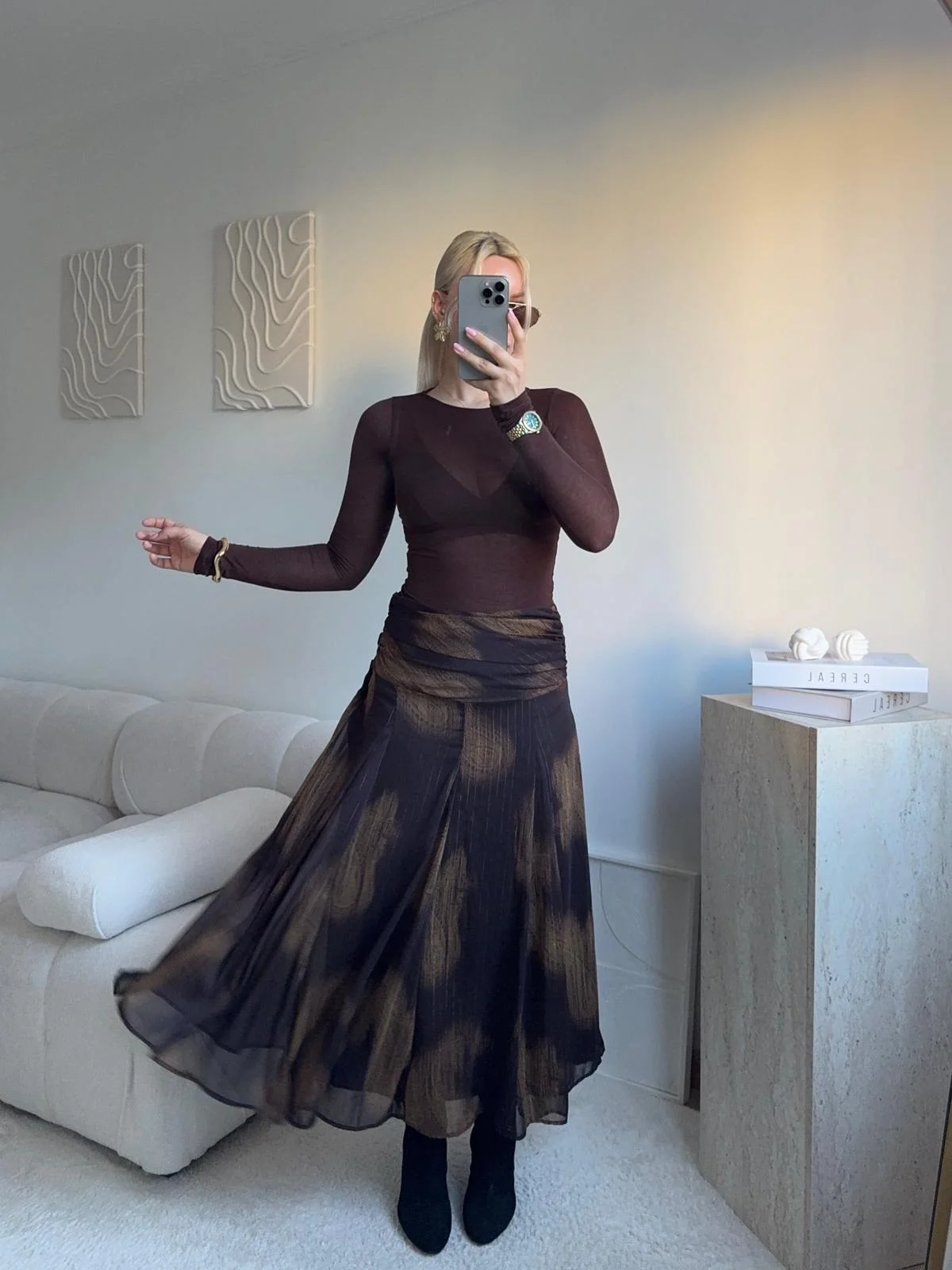 Desenli Şifon Midi Etek- KAHVE