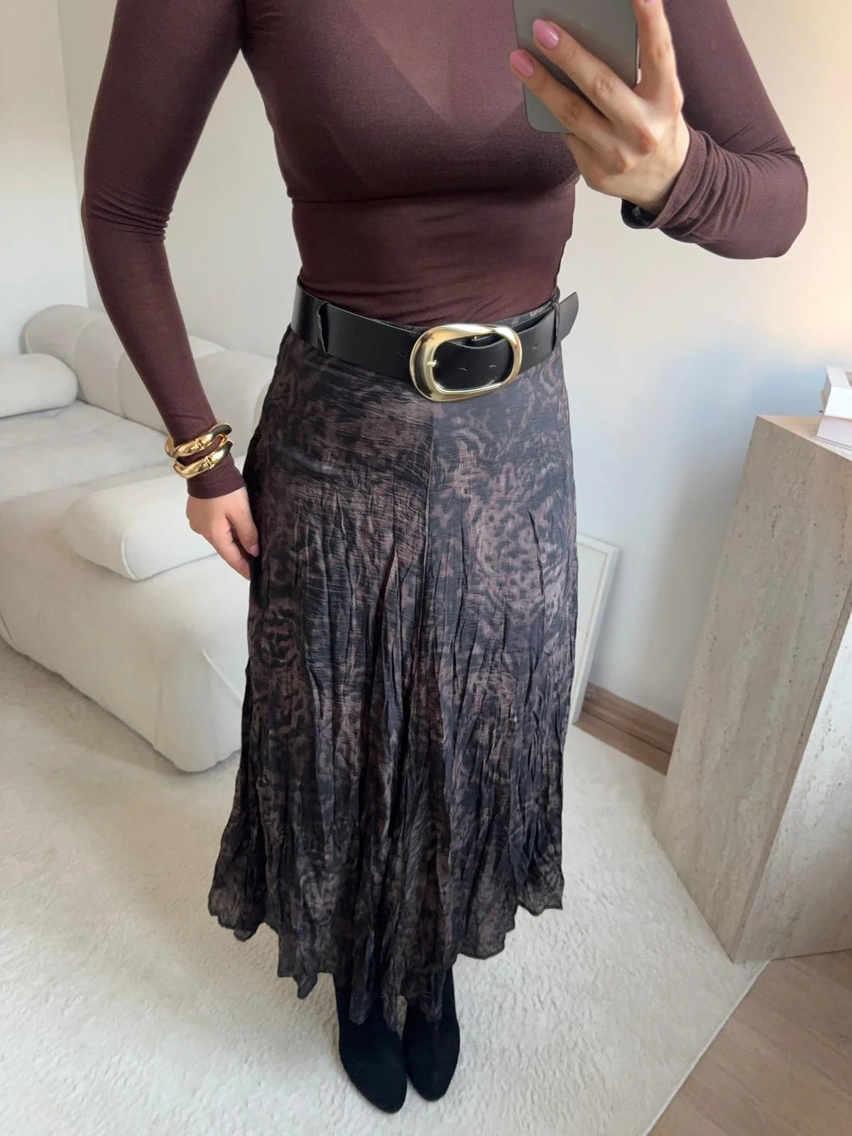 Desenli Şifon Midi Etek - SİYAH