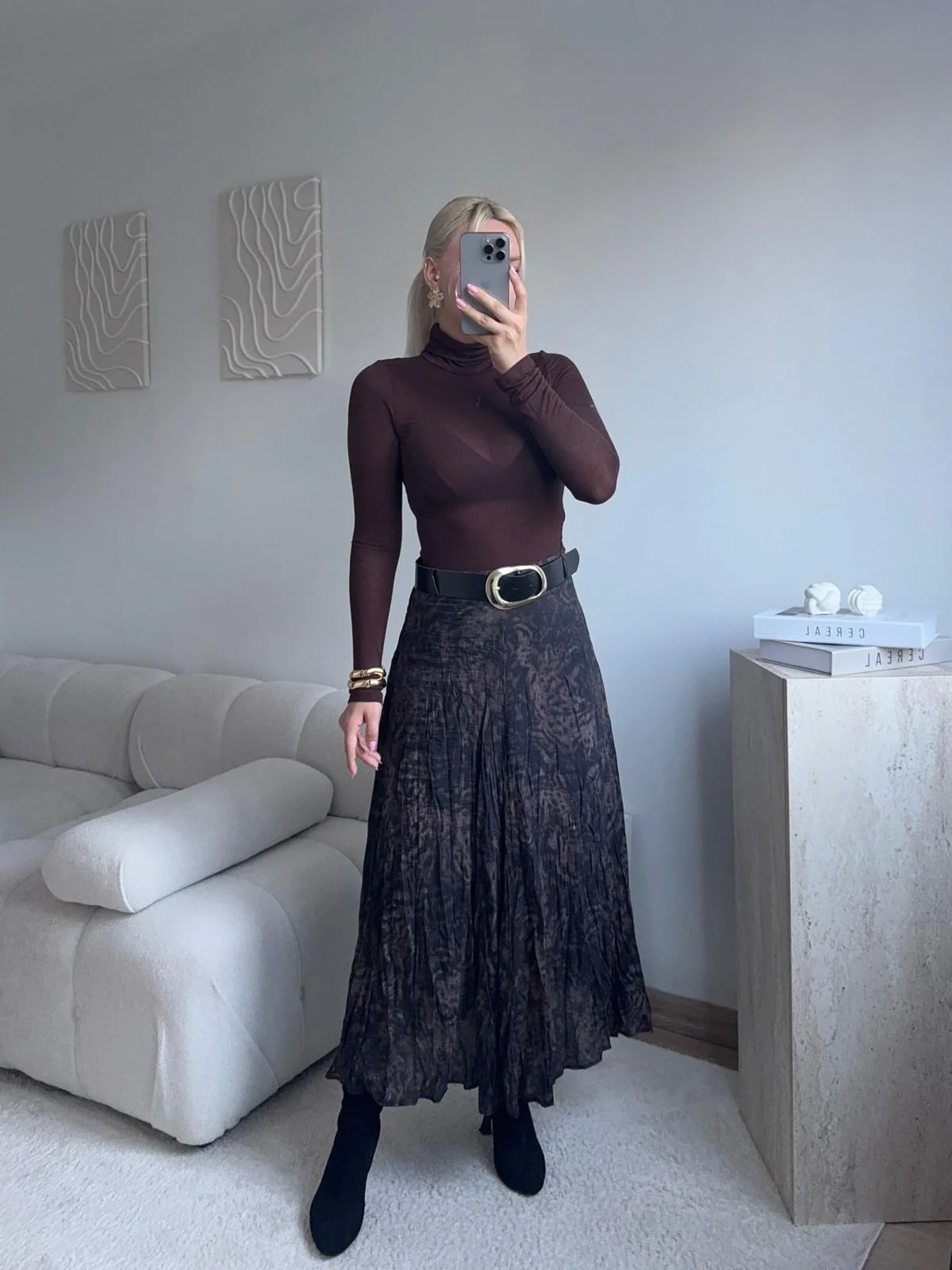 Desenli Şifon Midi Etek - SİYAH