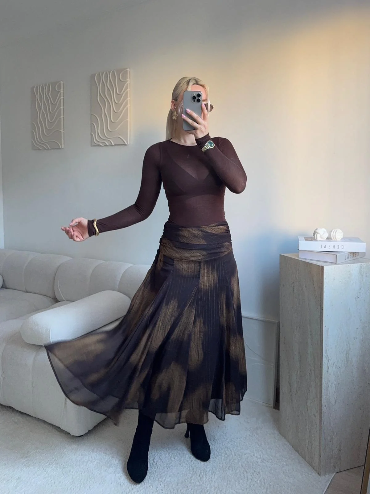 Desenli Şifon Midi Etek- KAHVE