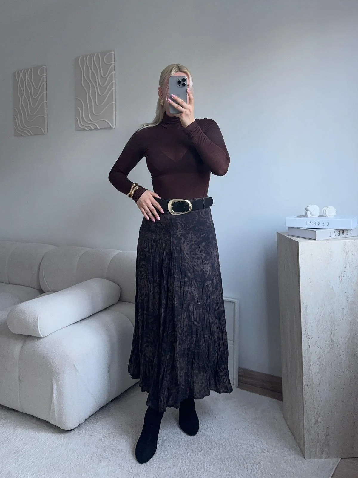 Desenli Şifon Midi Etek - SİYAH