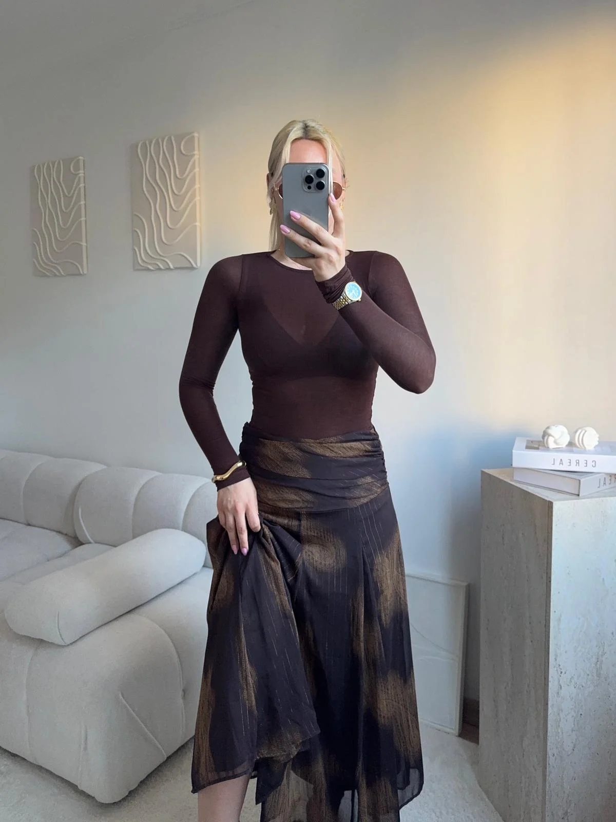 Desenli Şifon Midi Etek- KAHVE