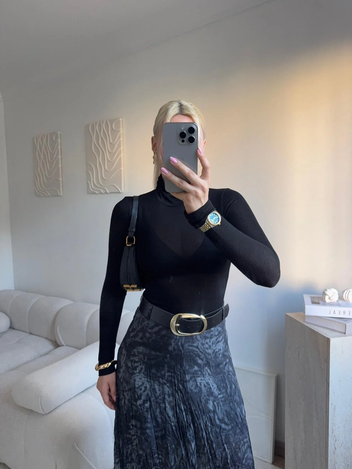 Desenli Şifon Midi Etek - FÜME