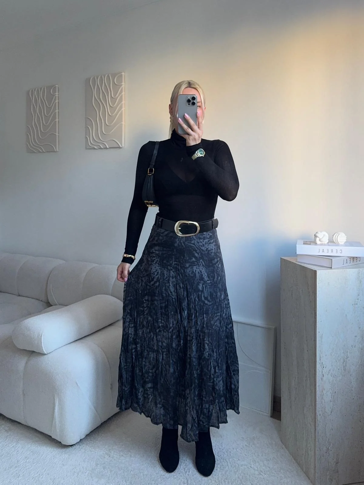 Desenli Şifon Midi Etek - FÜME