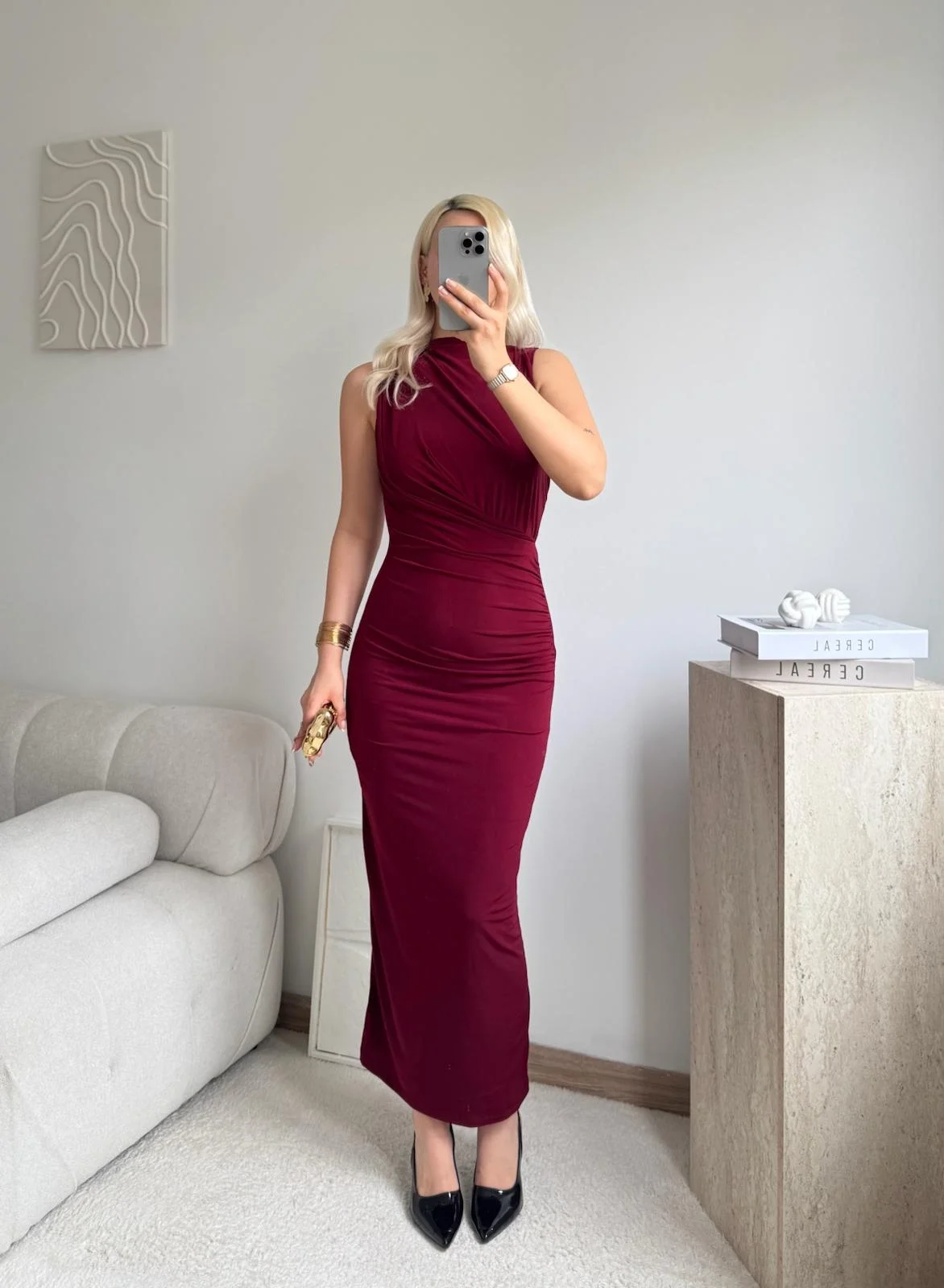 Dik Yaka Drapeli Elbise - BORDO