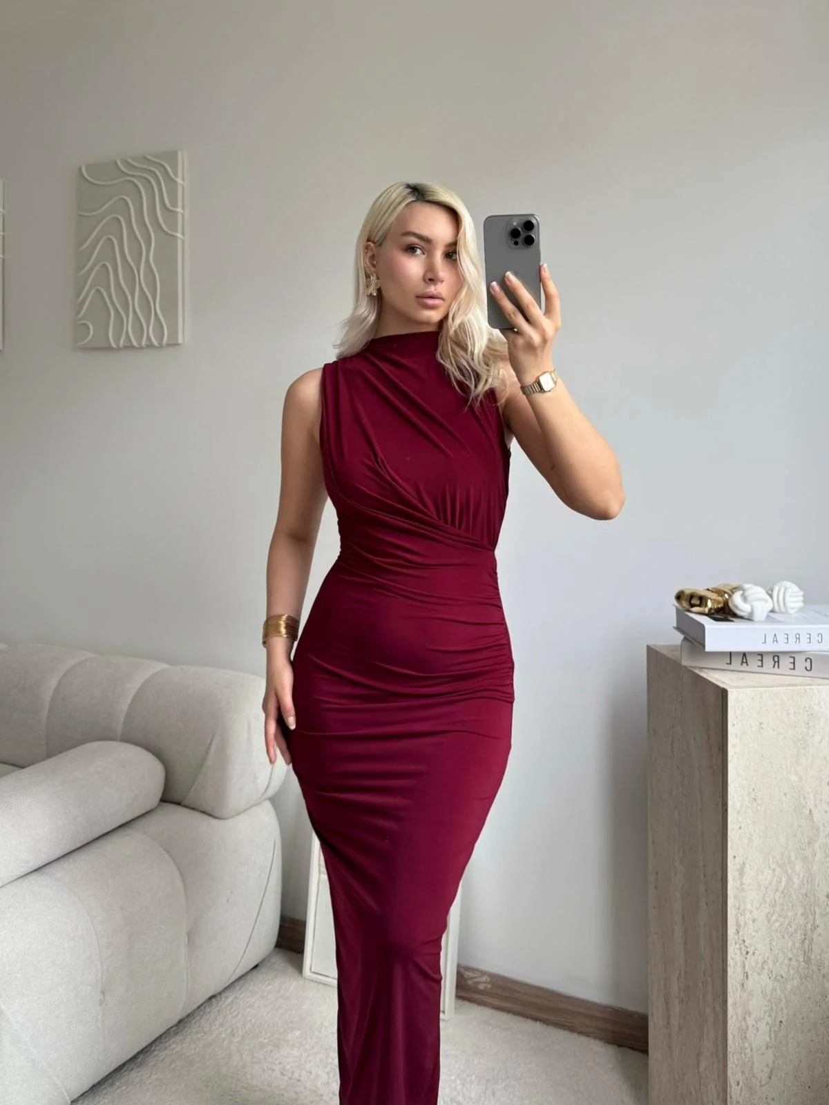 Dik Yaka Drapeli Elbise - BORDO