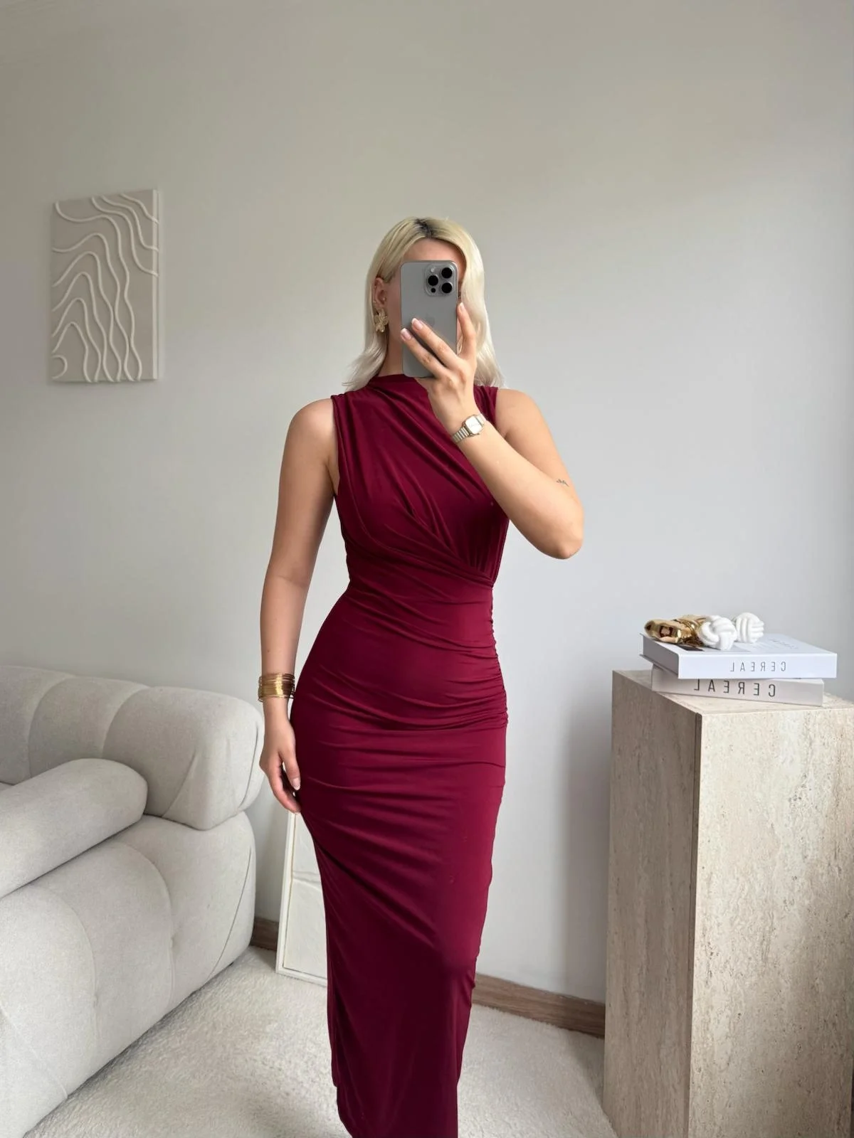 Dik Yaka Drapeli Elbise - BORDO