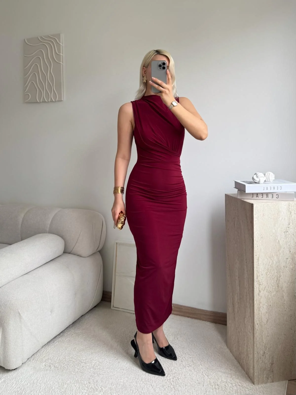 Dik Yaka Drapeli Elbise - BORDO