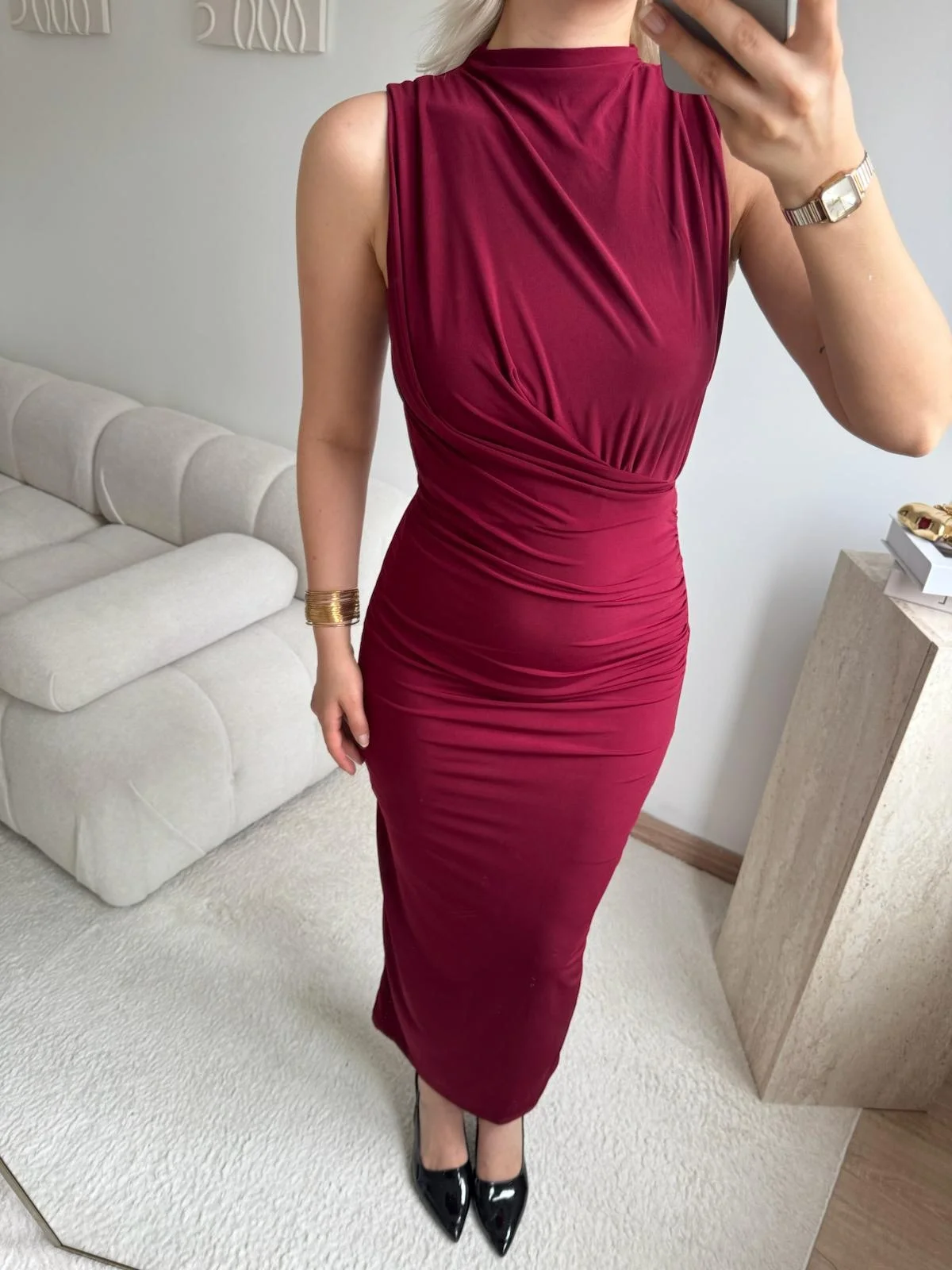 Dik Yaka Drapeli Elbise - BORDO