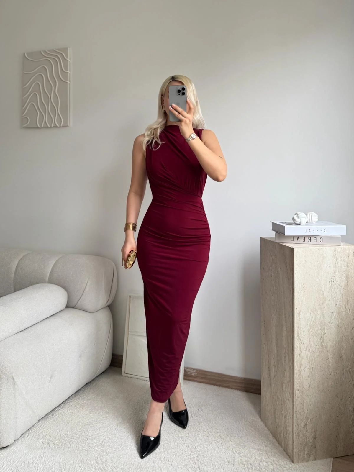 Dik Yaka Drapeli Elbise - BORDO