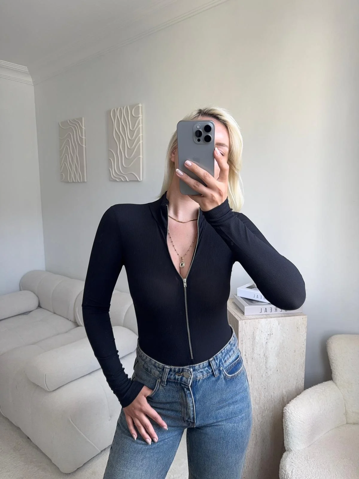 Dik Yaka Fermuar Bodysuit