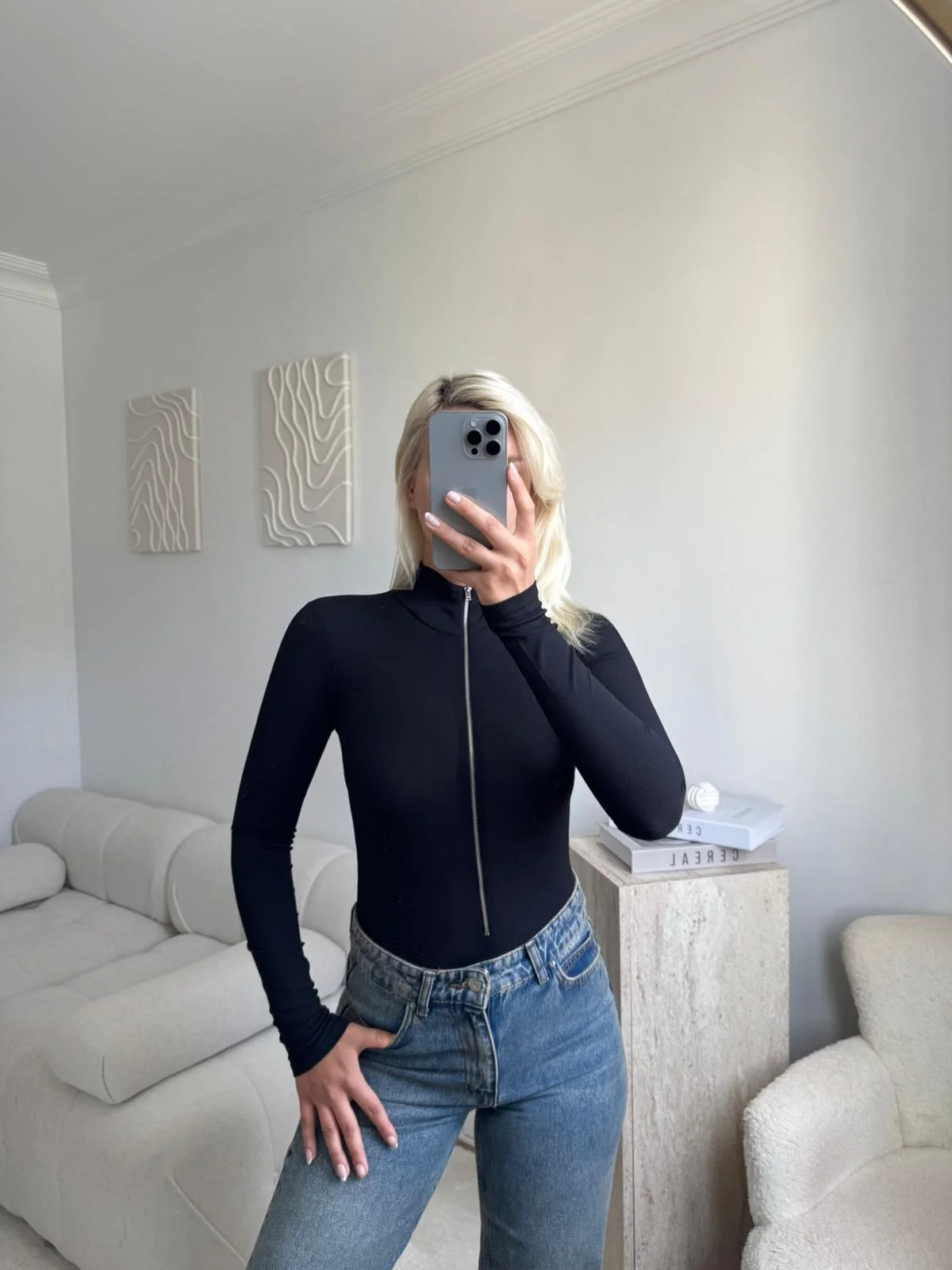 Dik Yaka Fermuar Bodysuit