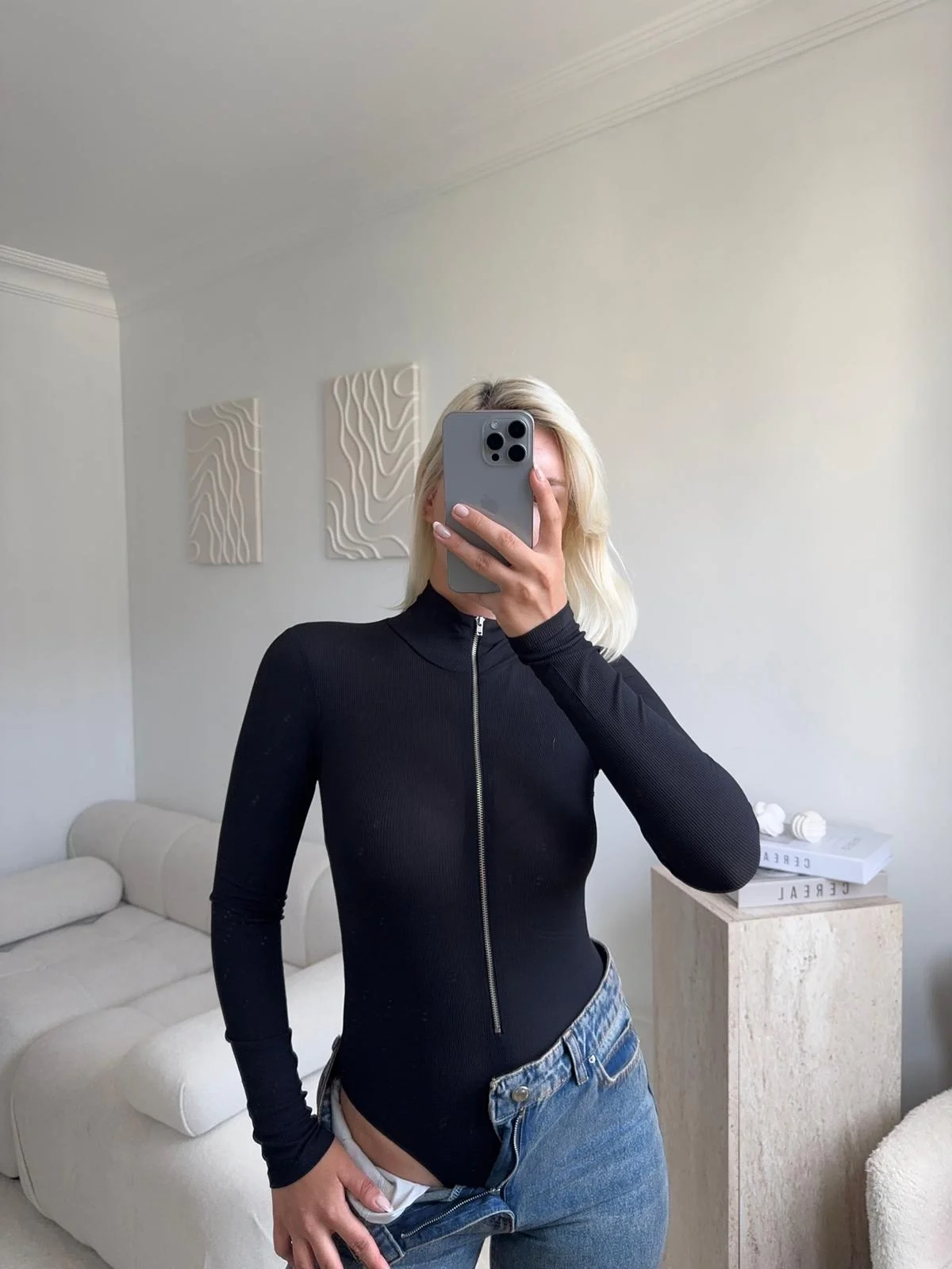 Dik Yaka Fermuar Bodysuit
