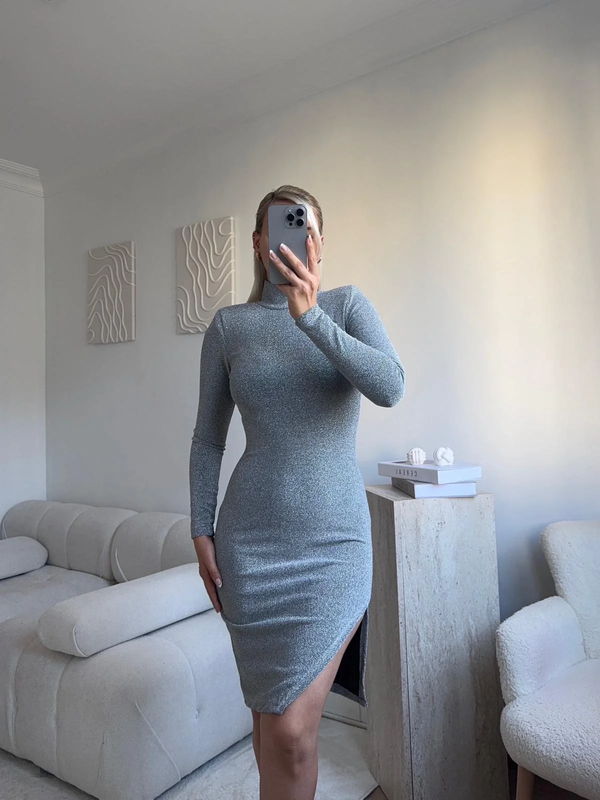 Dik Yaka Simli Elbise - GRİ