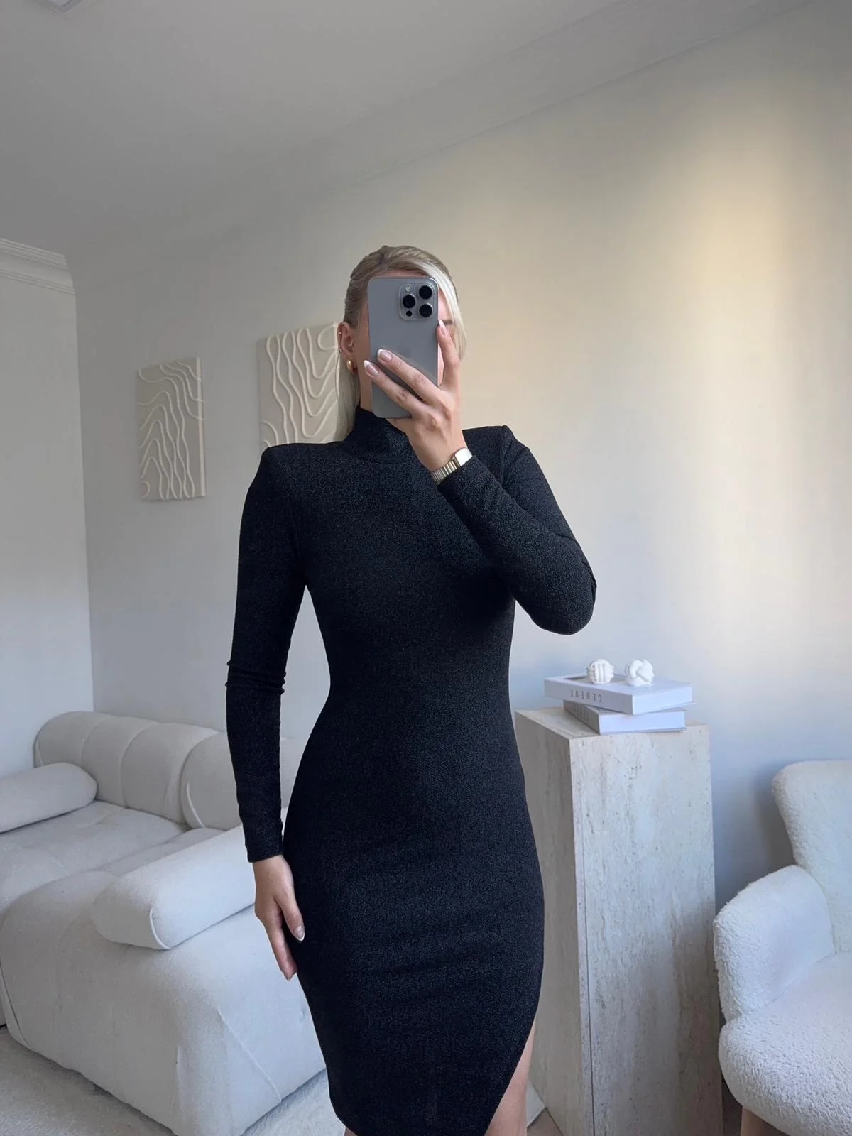 Dik Yaka Simli Elbise - SİYAH