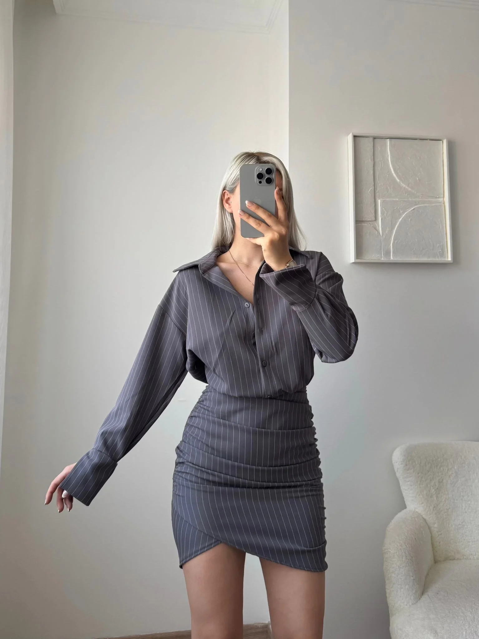 Double Gömlek Elbise - GRİ