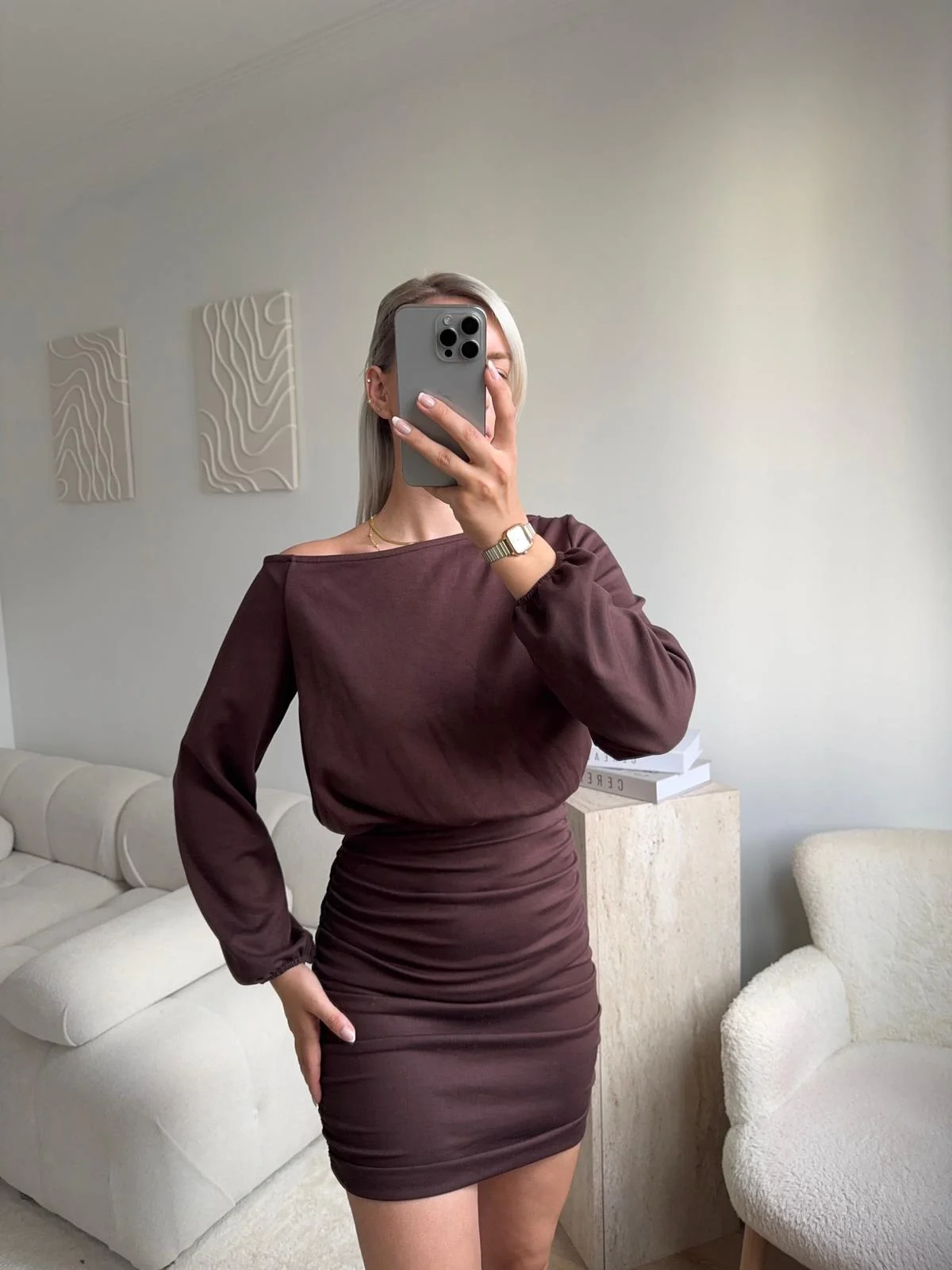 Drapeli Büzgülü Basic Elbise - KAHVE