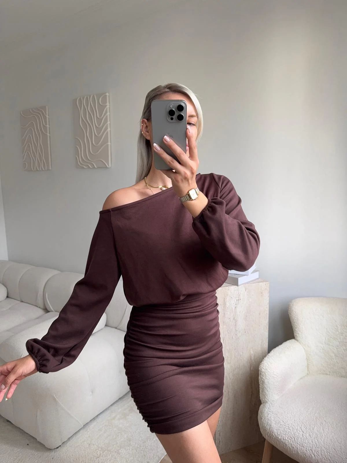 Drapeli Büzgülü Basic Elbise - KAHVE