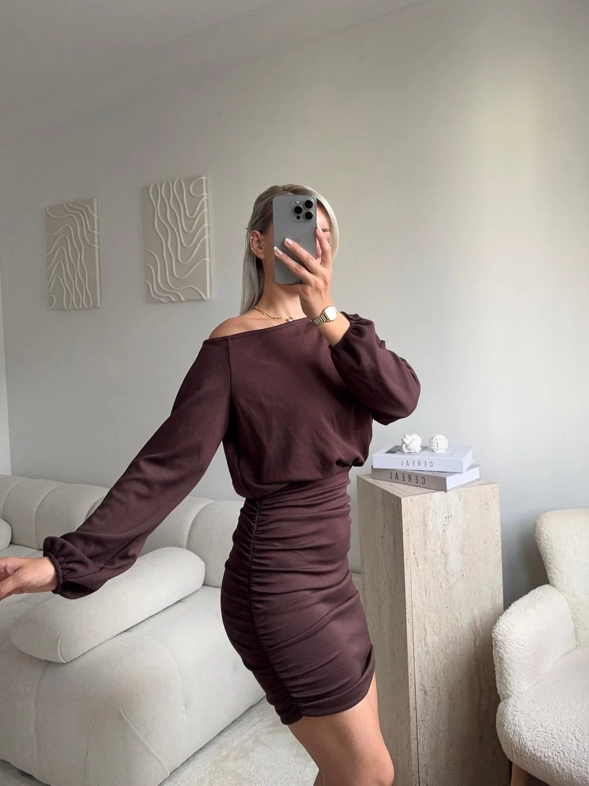 Drapeli Büzgülü Basic Elbise - KAHVE