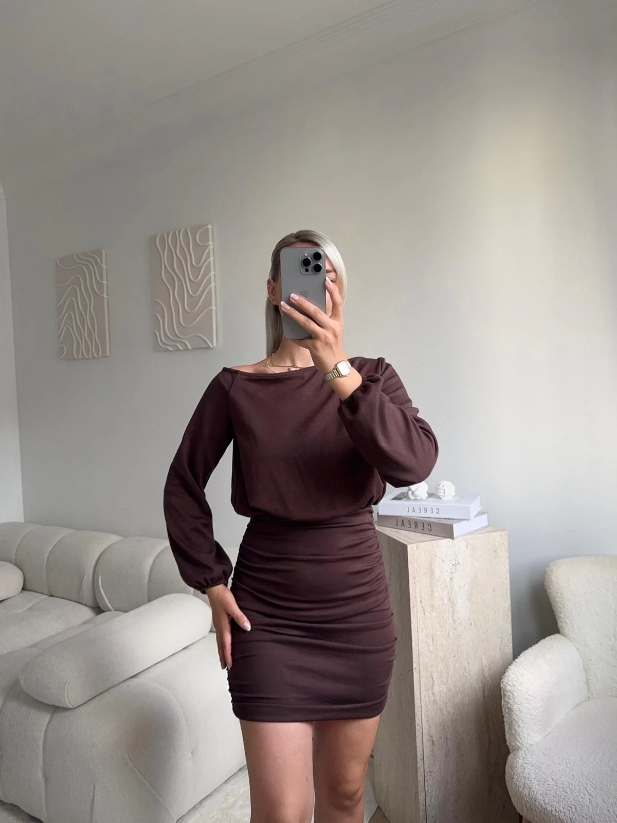 Drapeli Büzgülü Basic Elbise - KAHVE