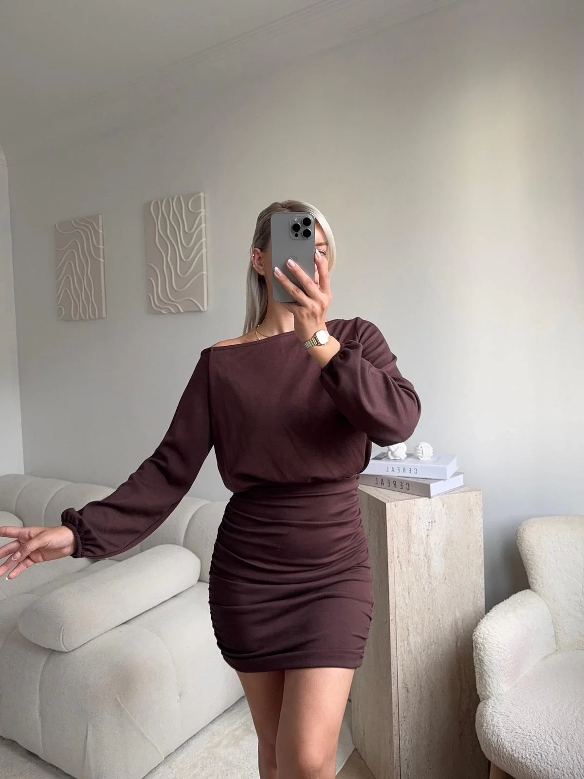 Drapeli Büzgülü Basic Elbise - KAHVE