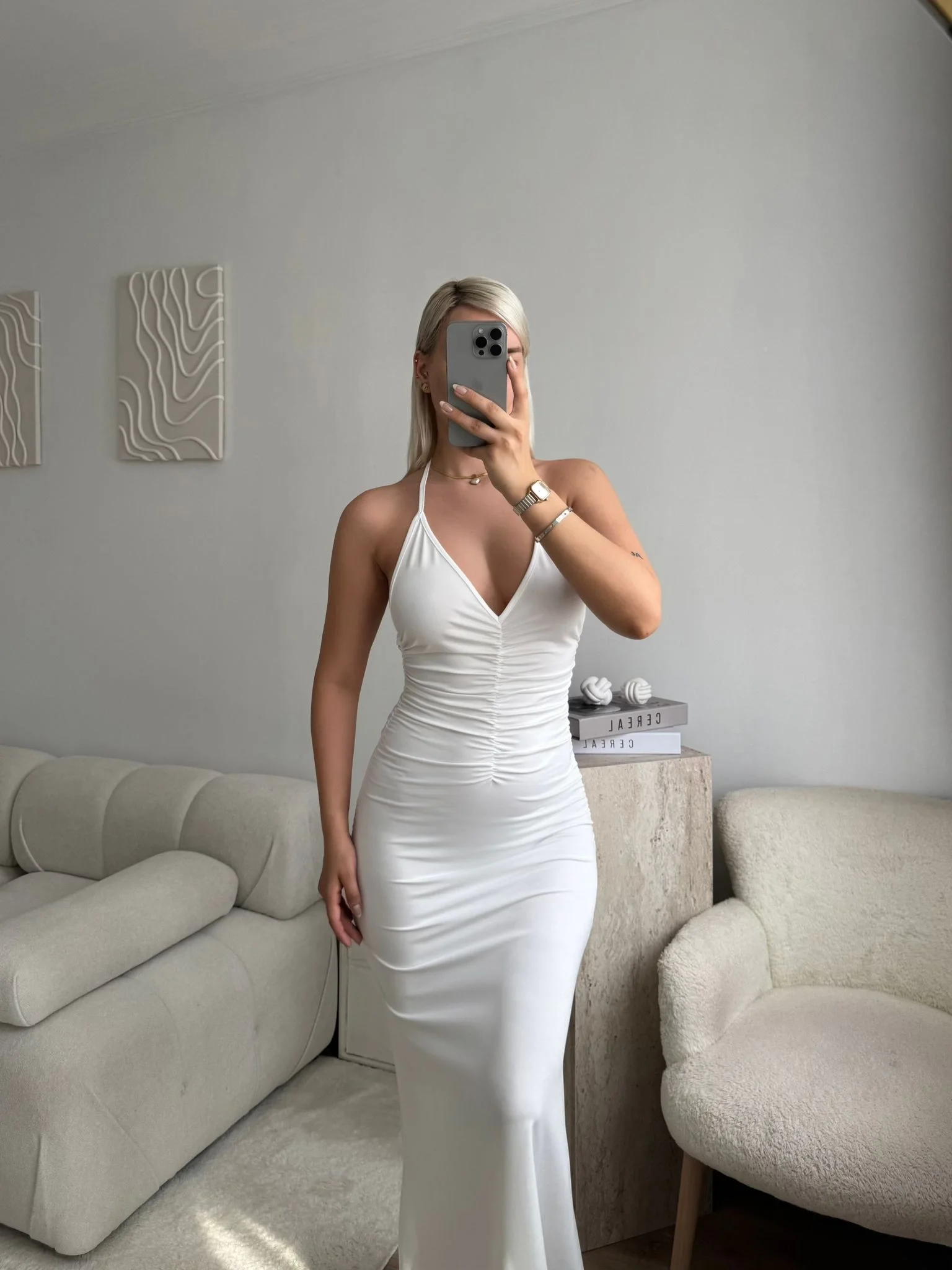 Drapeli Halter Yaka Uzun Elbise - BEYAZ