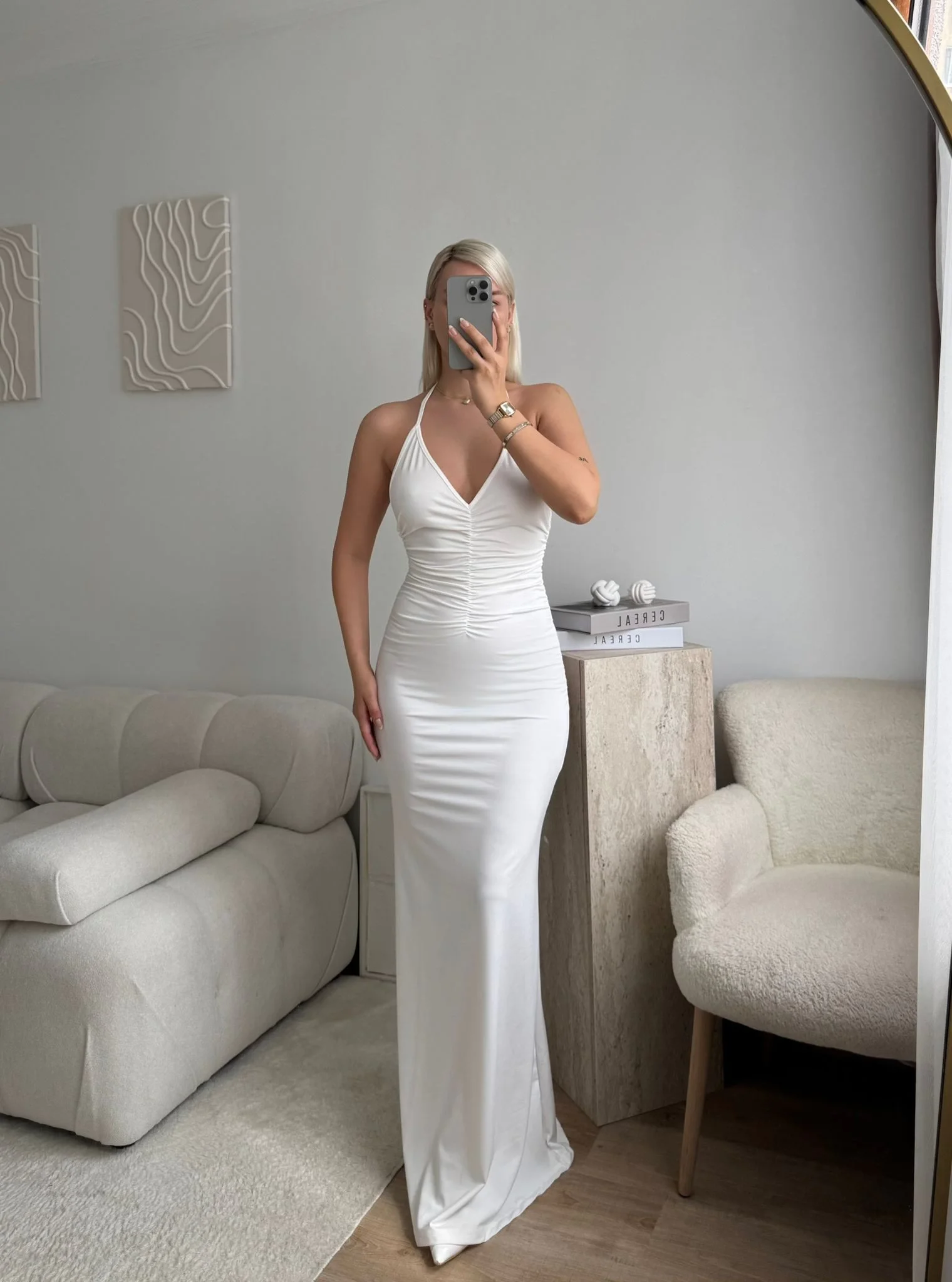 Drapeli Halter Yaka Uzun Elbise - BEYAZ