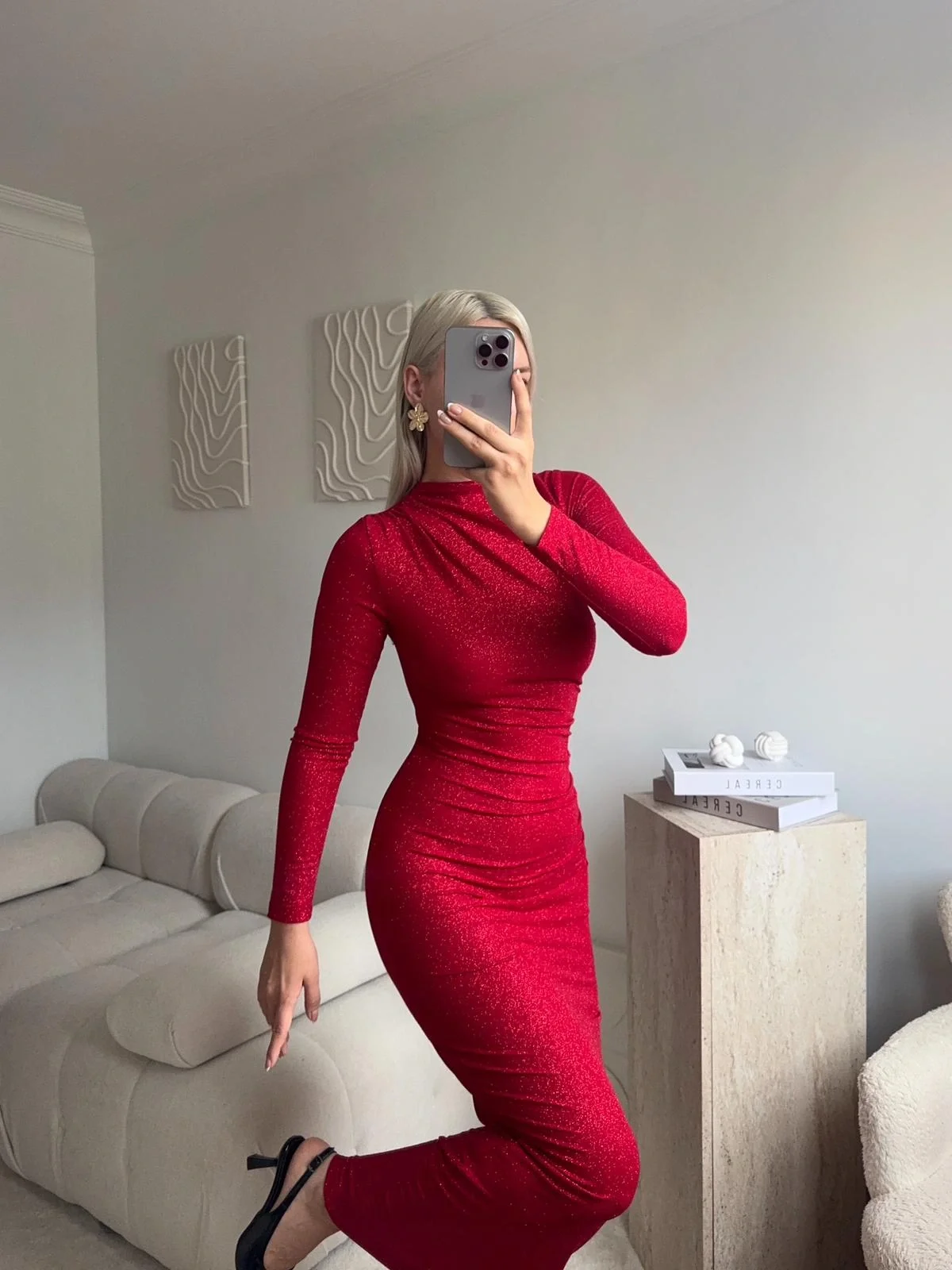 Drapeli Simli Long Elbise - KIRMIZI