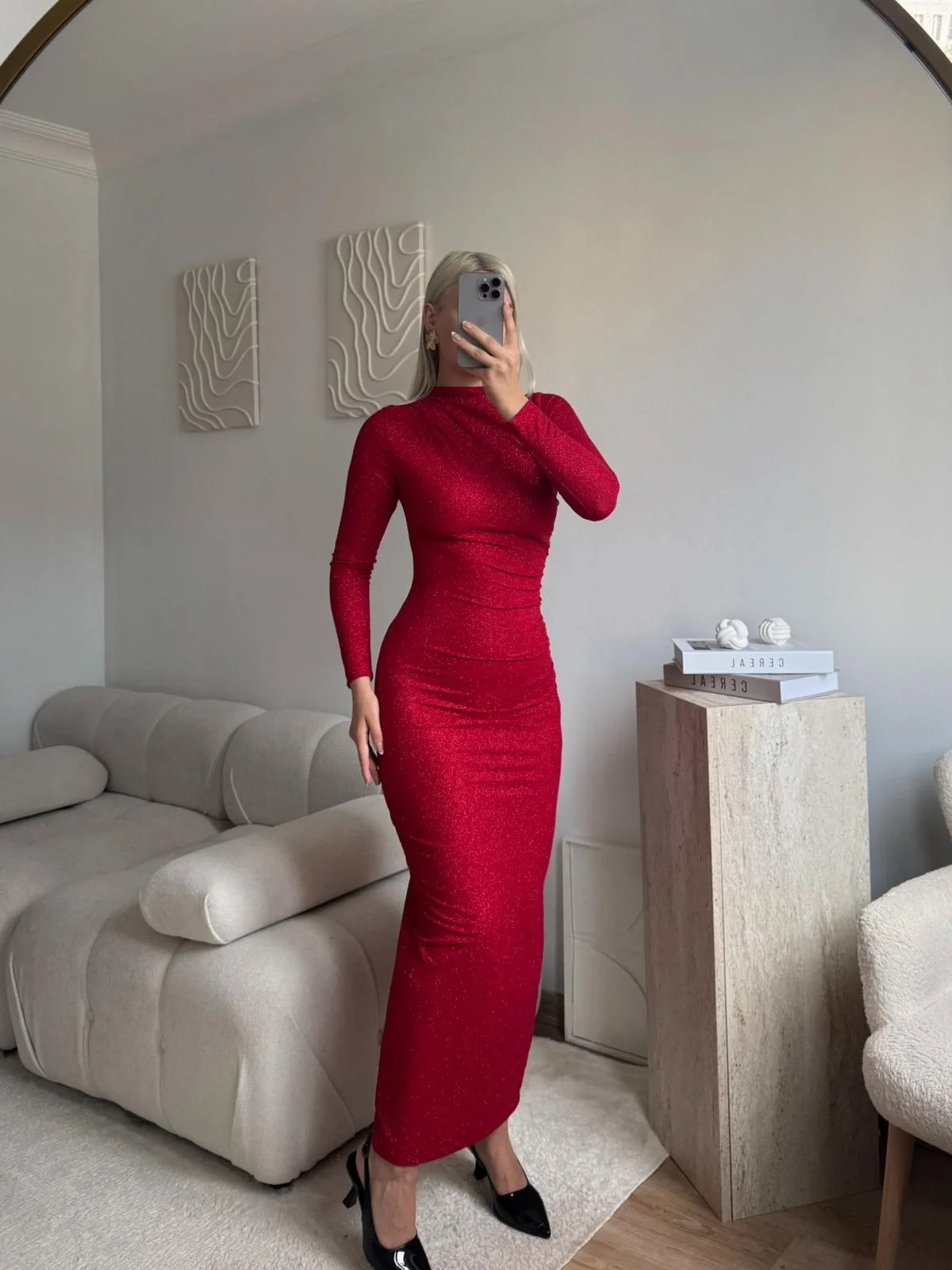 Drapeli Simli Long Elbise - KIRMIZI