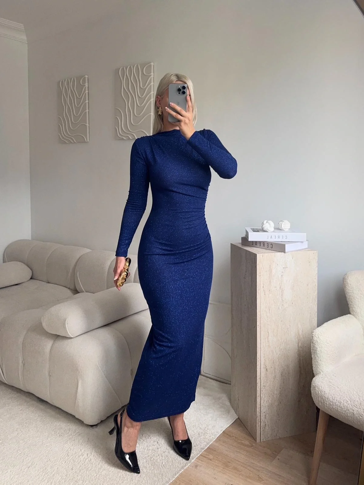 Drapeli Simli Long Elbise - SAKS MAVİSİ