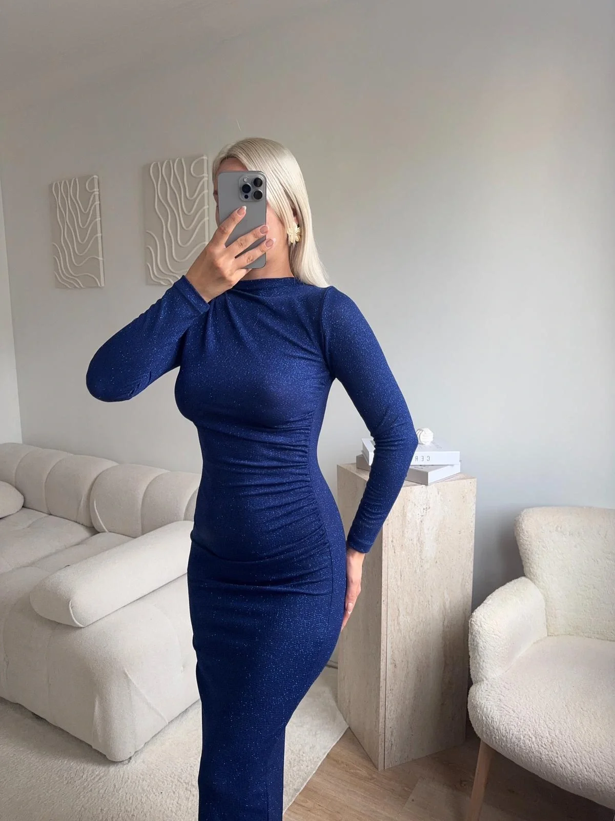 Drapeli Simli Long Elbise - SAKS MAVİSİ