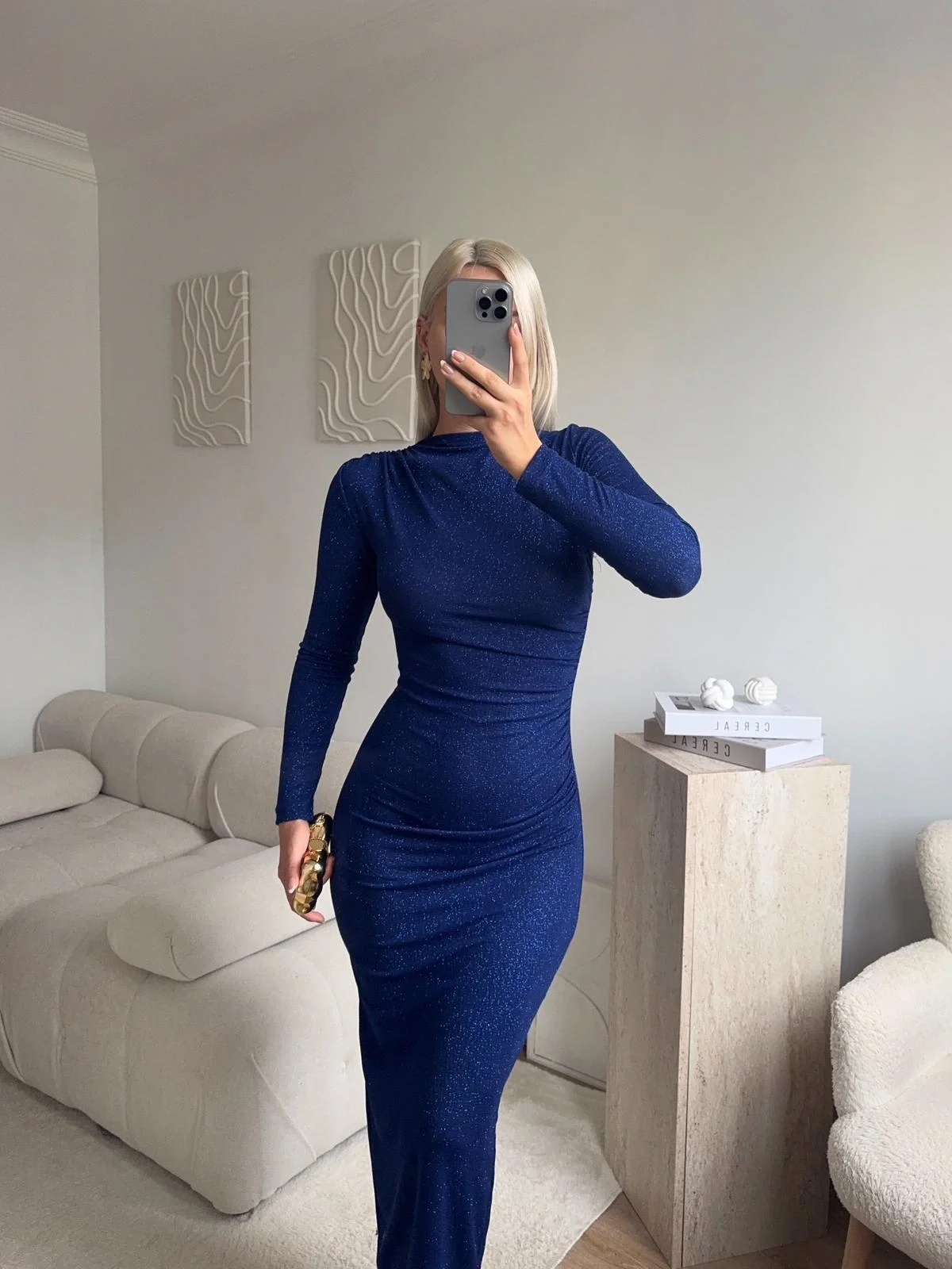 Drapeli Simli Long Elbise - SAKS MAVİSİ