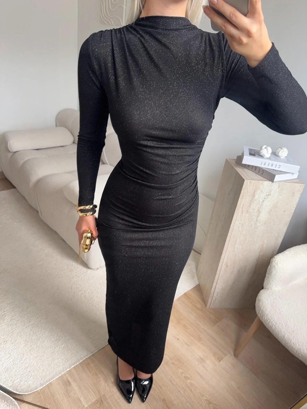 Drapeli Simli Long Elbise - SİYAH