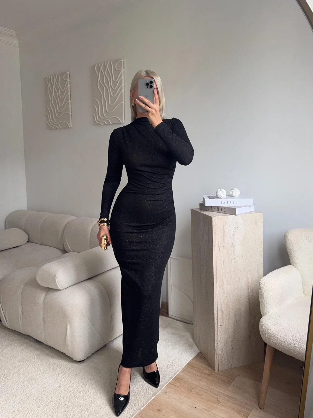 Drapeli Simli Long Elbise - SİYAH