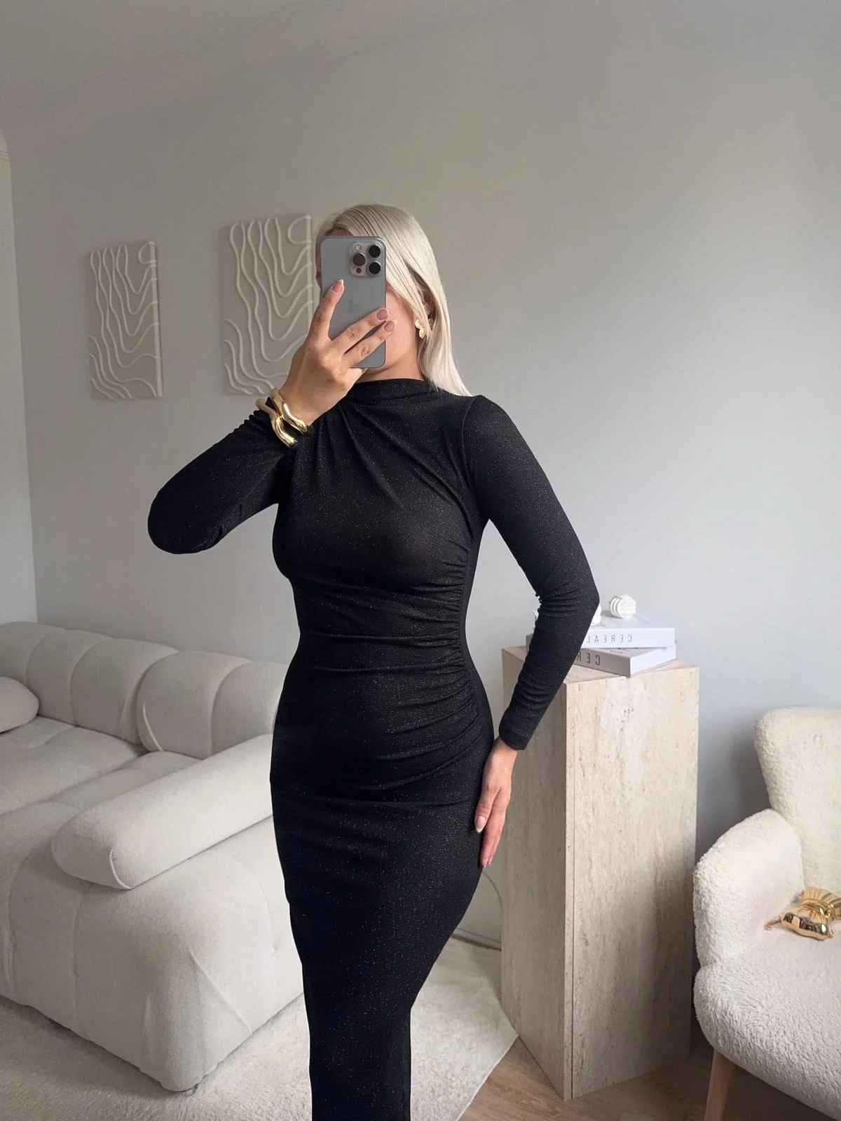 Drapeli Simli Long Elbise - SİYAH