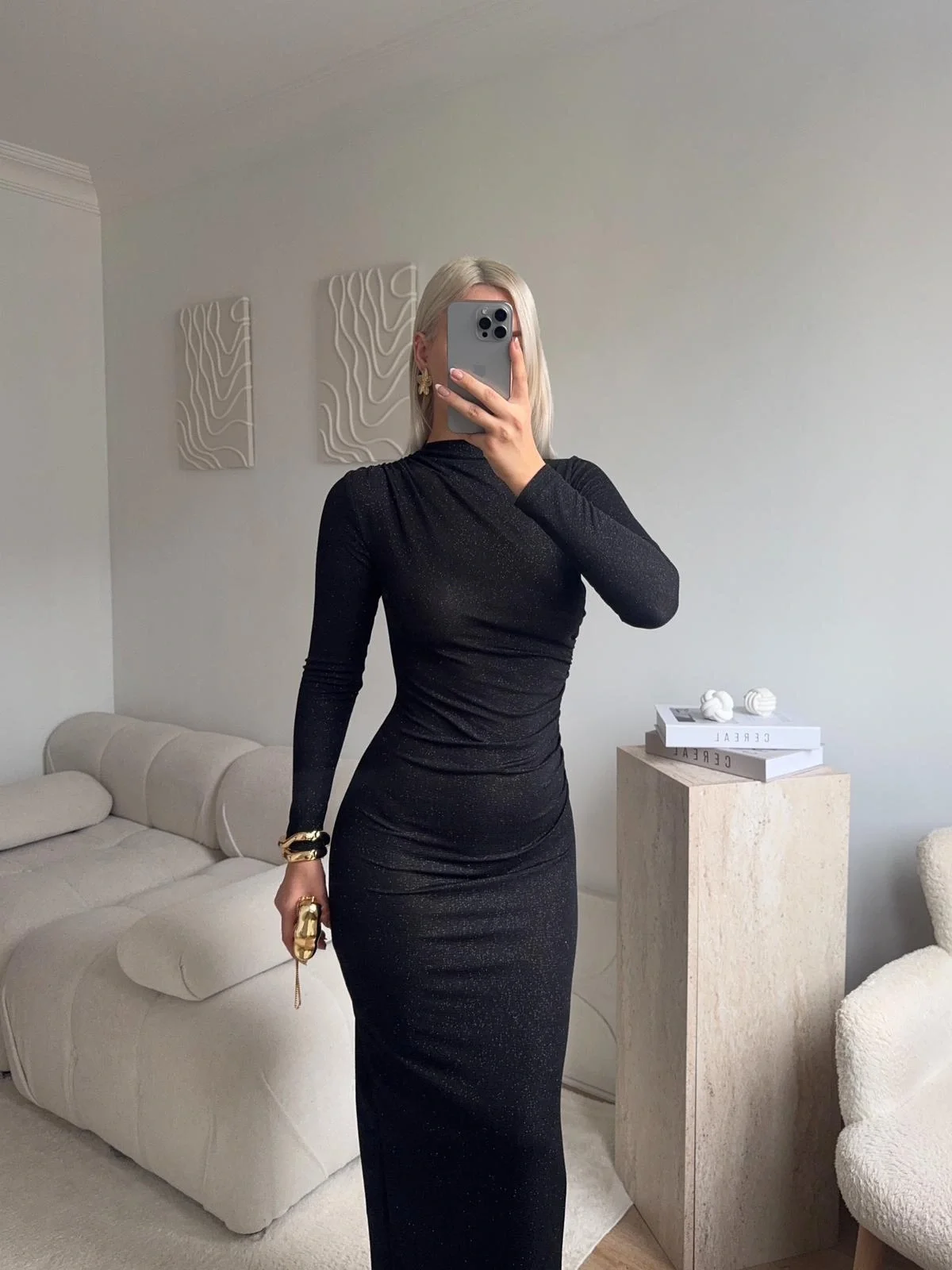 Drapeli Simli Long Elbise - SİYAH