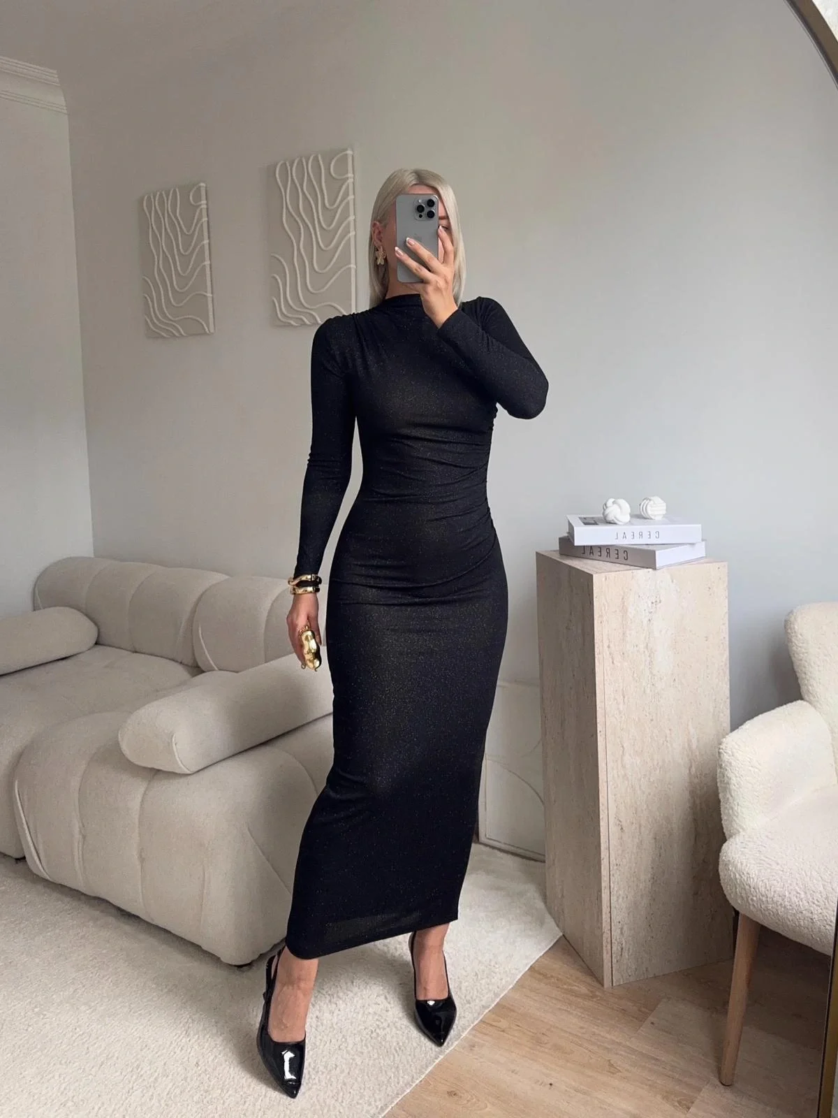 Drapeli Simli Long Elbise - SİYAH