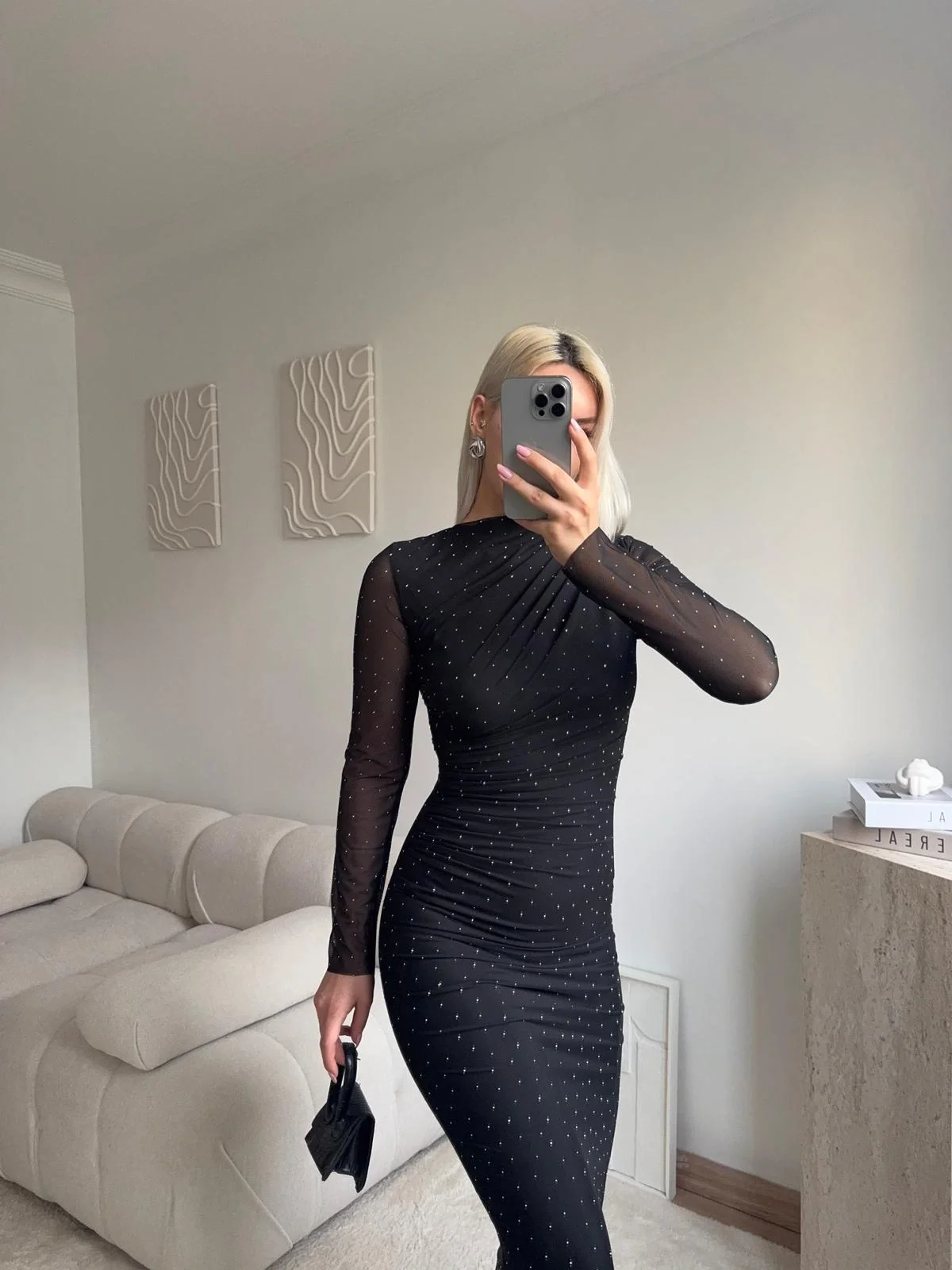 Drapeli Taşlı Tül Elbise - SİYAH