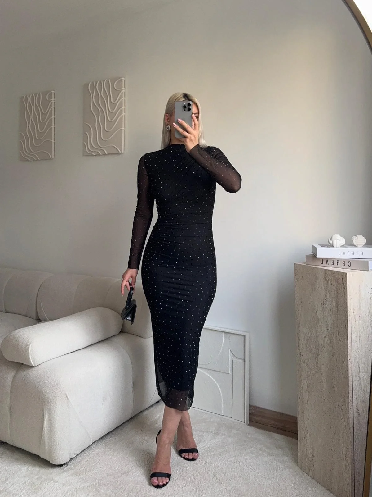 Drapeli Taşlı Tül Elbise - SİYAH