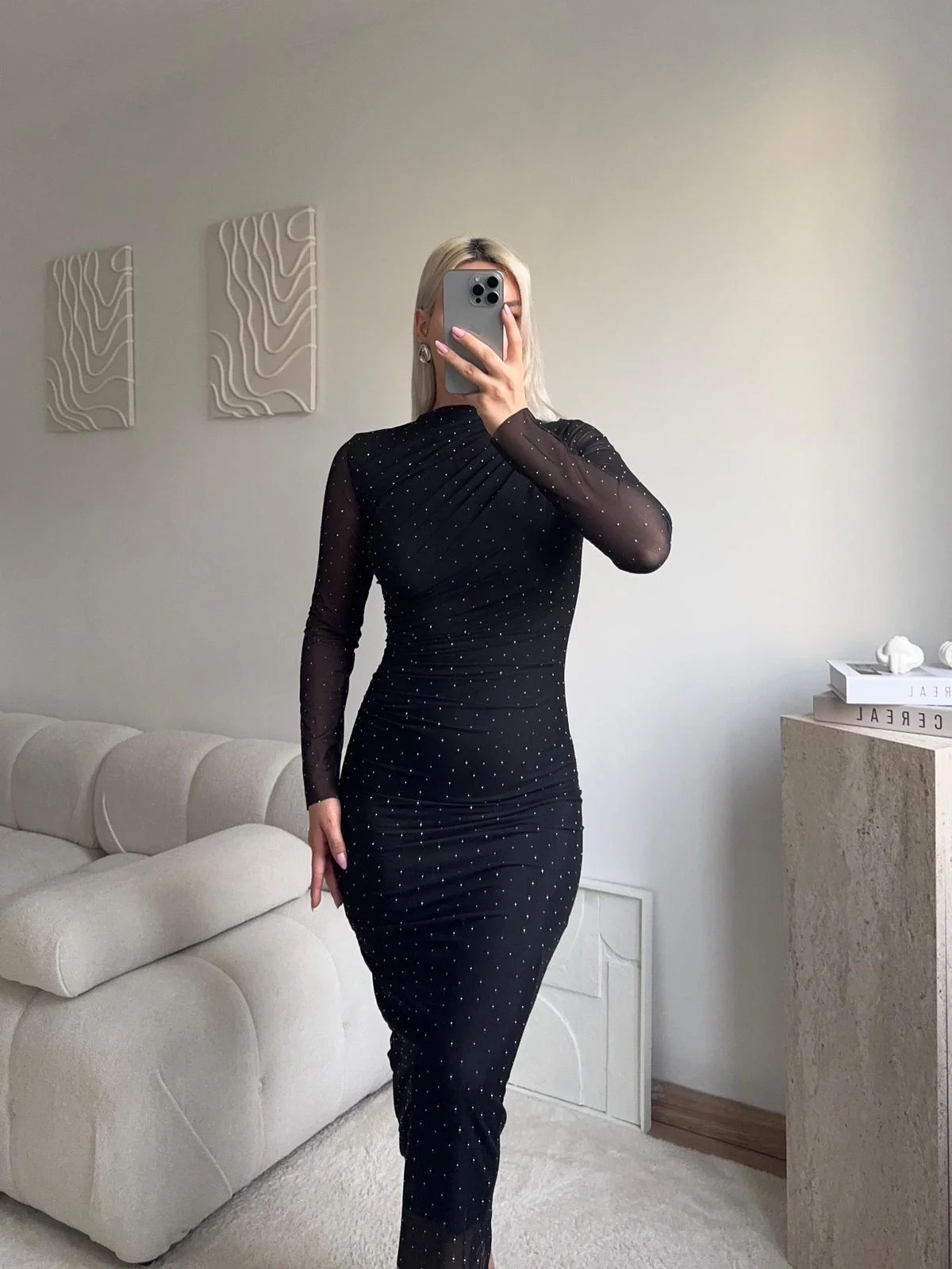 Drapeli Taşlı Tül Elbise - SİYAH