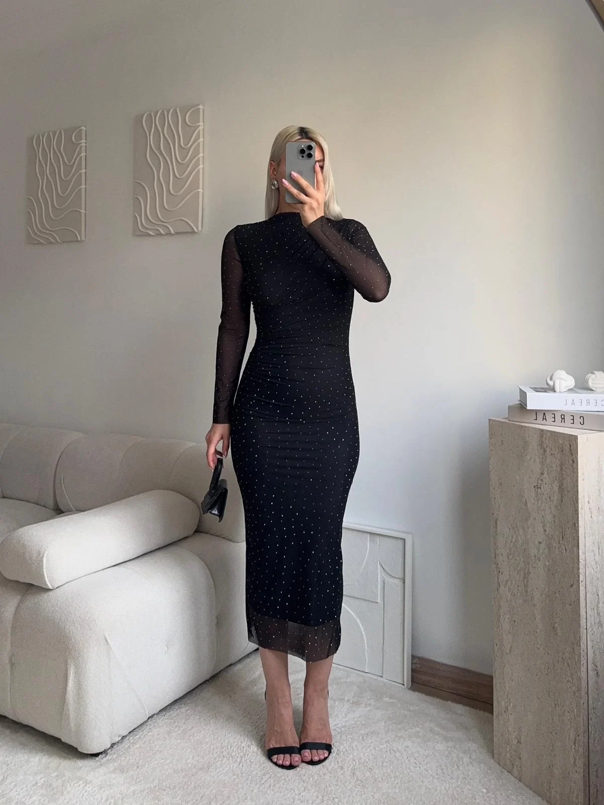 Drapeli Taşlı Tül Elbise - SİYAH